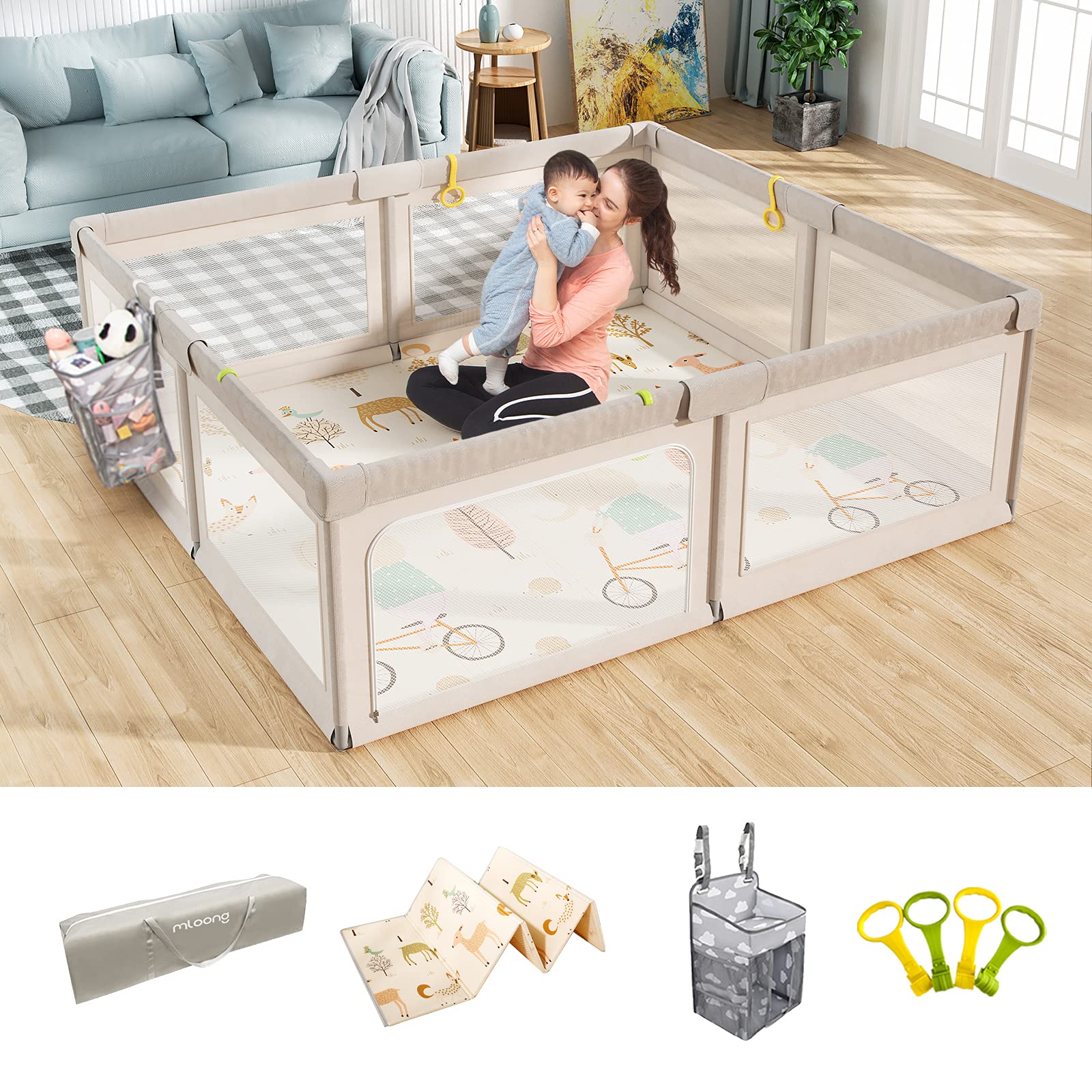 Mloong Baby Playpen with Mat, 79x71 Inches Extra Large Playpen for Babies and Toddlers, Indoor & Outdoor Activity Center, Safety Baby Fence with Gate