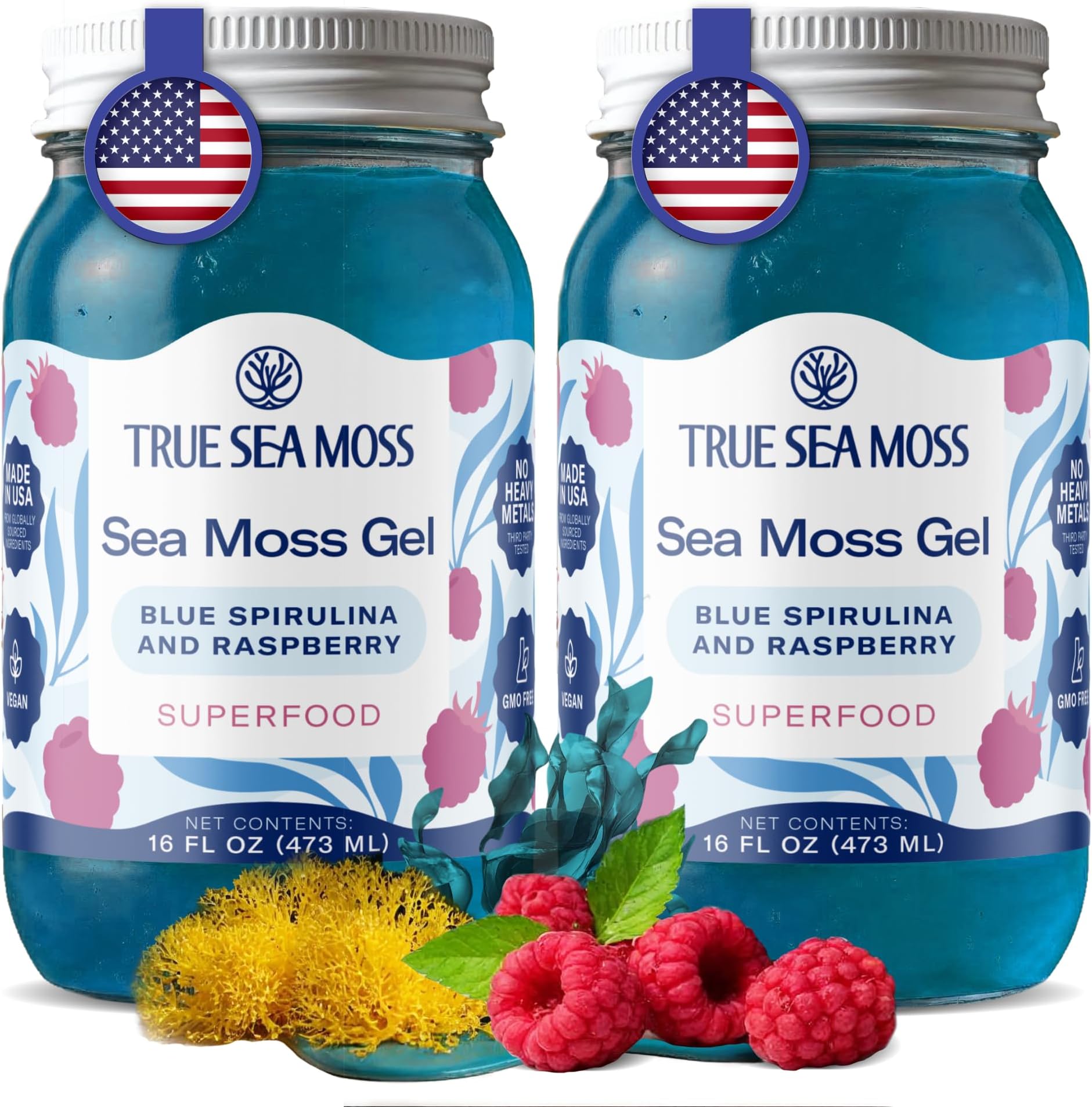 Sea Moss Gel – Made in USA – Wildcrafted Seamoss, Fruits & Jarred Vegetables – Blue Spirulina, Pack of 2 (Labels may Vary)