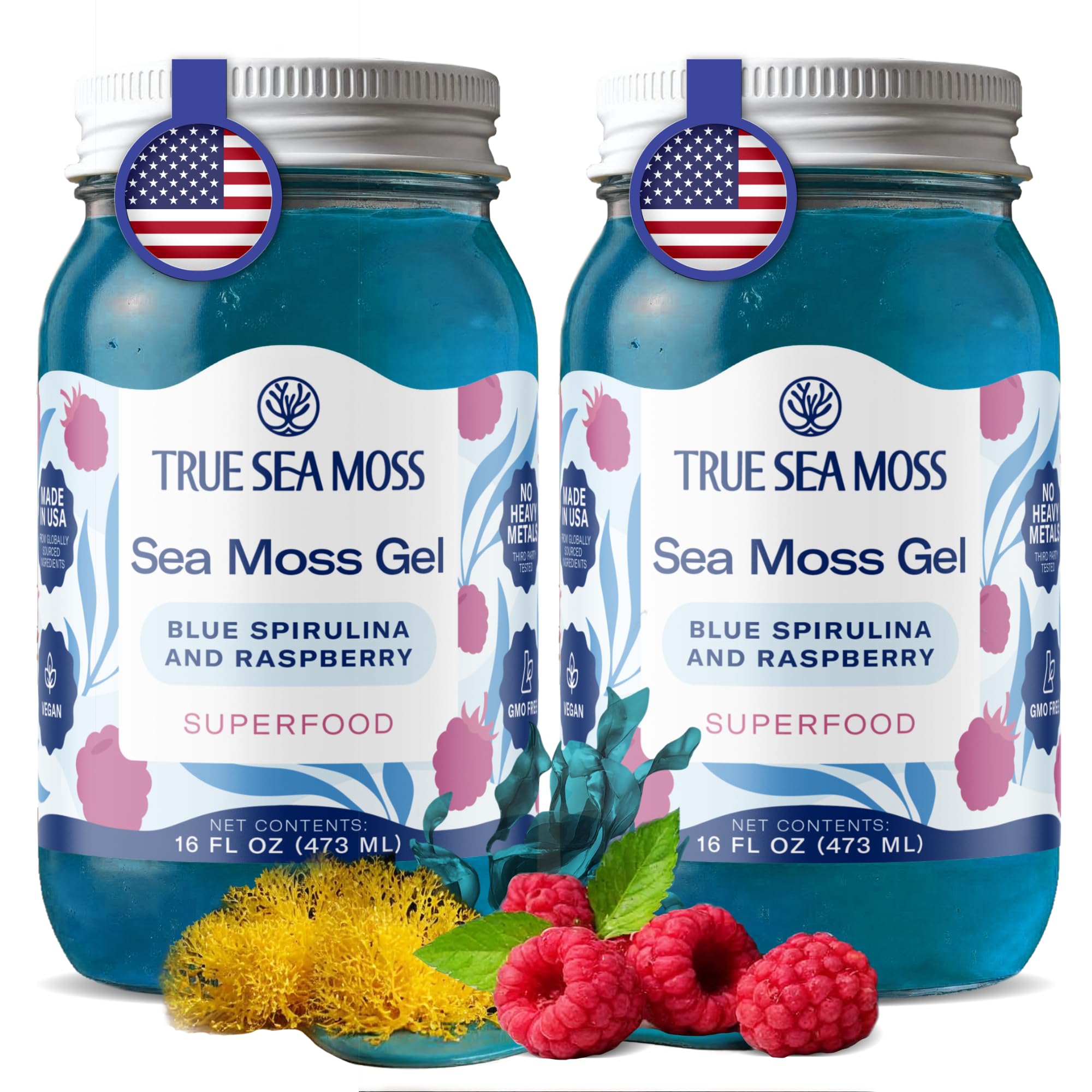 Sea Moss Gel – Made in USA – Wildcrafted Seamoss, Fruits & Jarred Vegetables – Blue Spirulina, Pack of 2 (Labels may Vary)