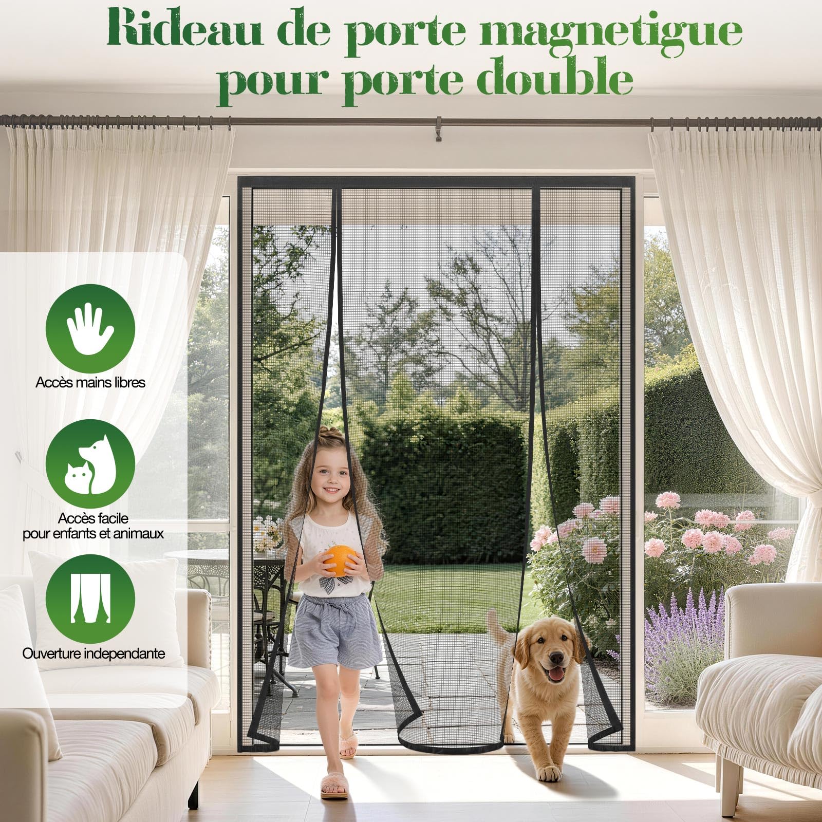 Moustiquaire Porte Fenêtre 240x220cm, Magnétique Double Porte, Fermeture Automatique Sans Perçage, Anti Mouches pour Baie Vitrée Coulissante, Balcon, Terrasse et Patio, Noir