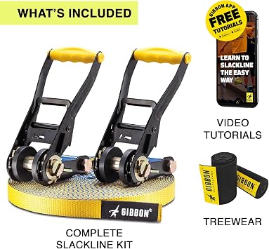 GIBBON Flowline Slackline with TreeWear - 82ft Slack Line - 74ft x 1 line & Two 8.5ft Ratchet Straps, Reinforced Loops, 2 Signature Ratchets