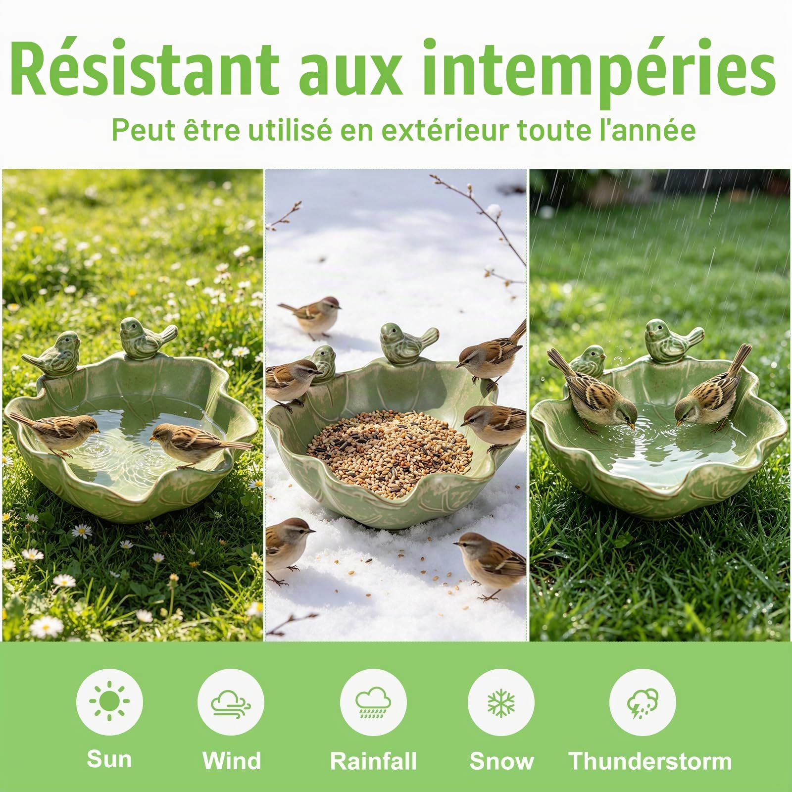 Abreuvoir à oiseaux rond résistant à l'hiver avec 2 oiseaux décoratifs, abreuvoir à oiseaux pour balcon, fontaine à oiseaux, bain d'oiseaux pour le jardin, pour l'extérieur, la terrasse, le