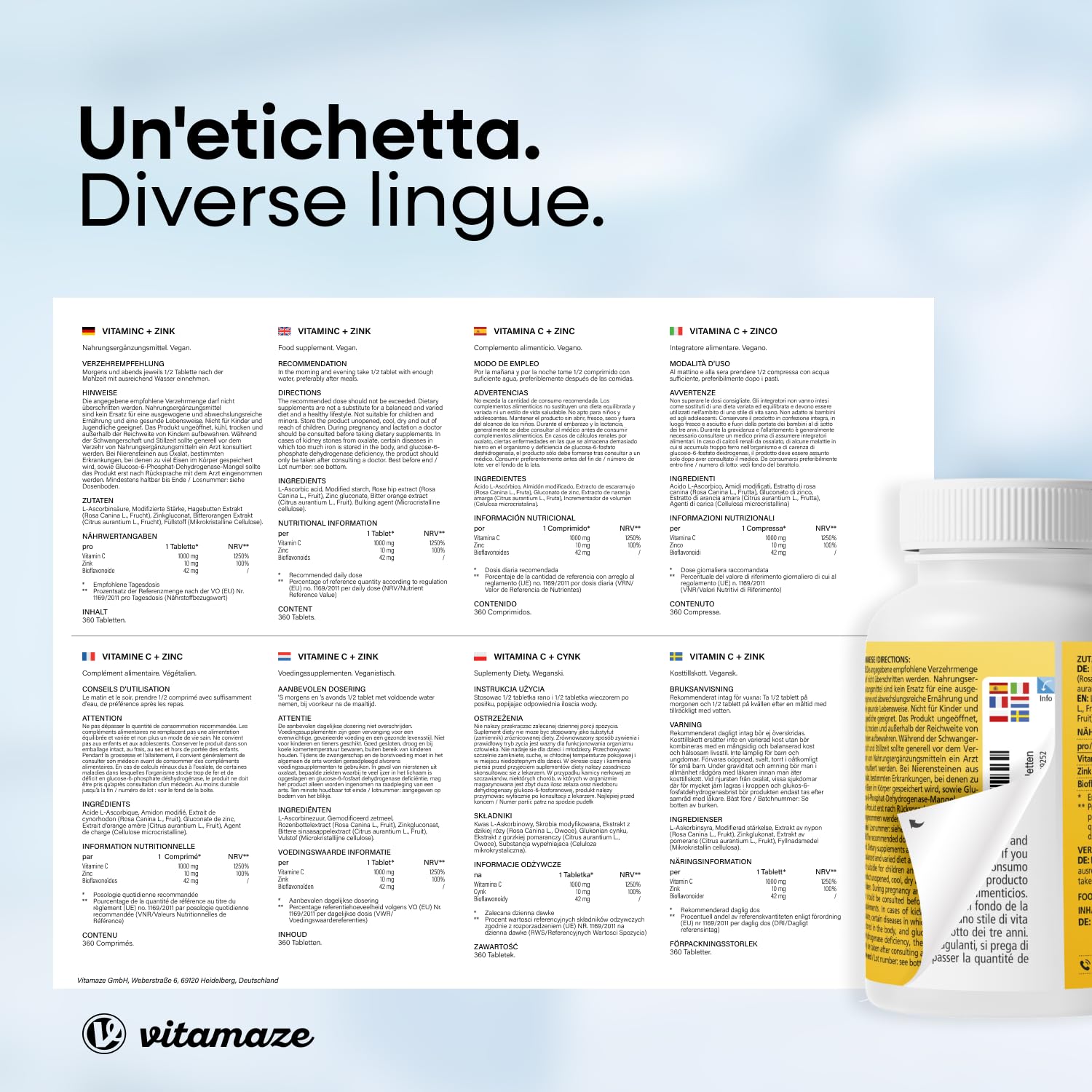 Vitamina C 1000mg (1 Anno) + Zinco + Bioflavonoidi, 360 Compresse, 1 Compresse per Giorno, Vegan Vitamina C Pura Dose Forte, Qualità Tedesca, Integratore Alimentare senza Additivi. Vitamaze®