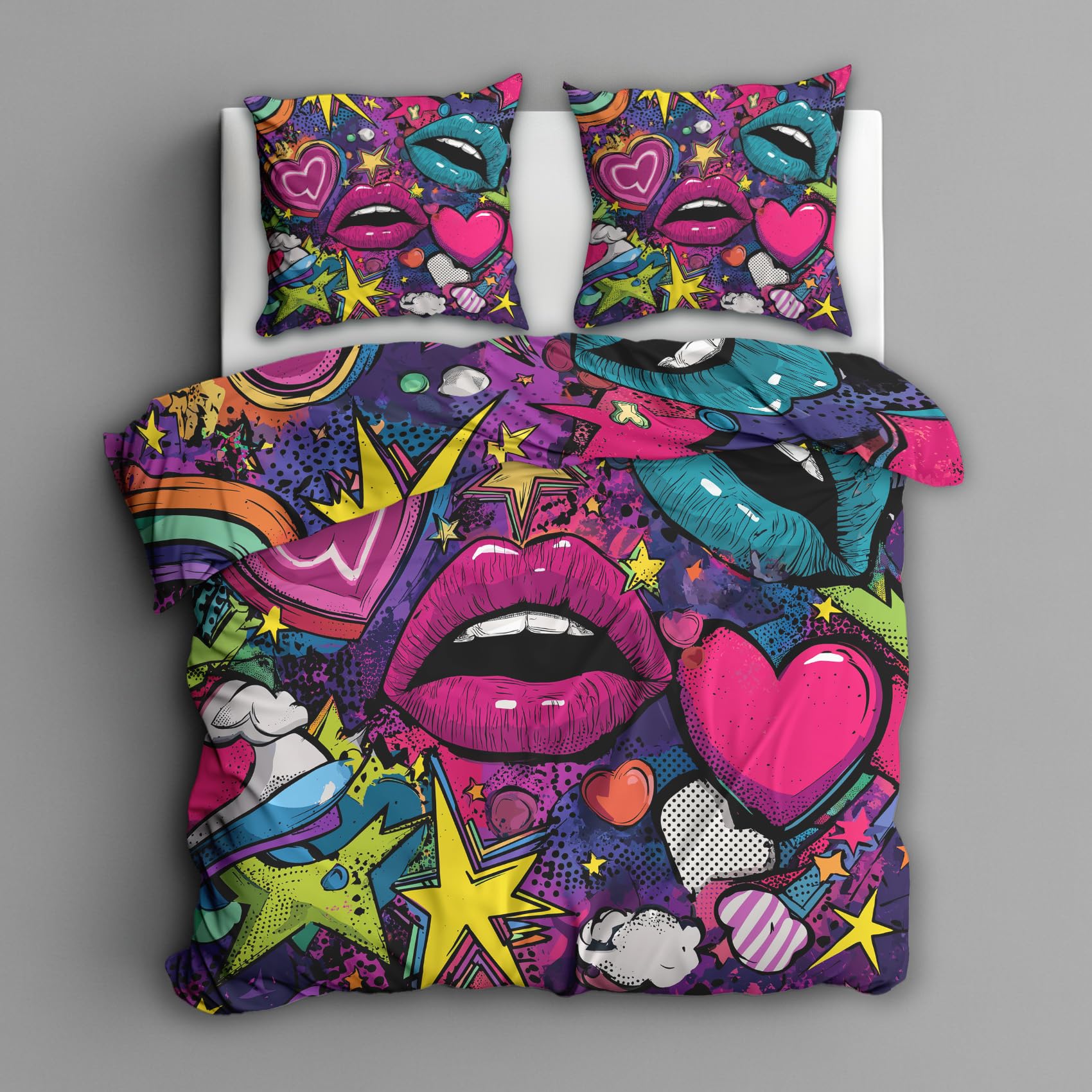 Housse de couette 220x240 lèvres zippée anti-glisse microfibre douce