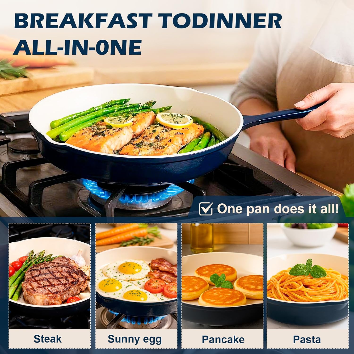 Hisencn Pans set,8 & 9.5 Inch Ceramic Cast Iron Pans Set Nonstick,Nonstick Frying Pan Set Without PFAS & PTFE & PFOA,Dishwasher & Oven Safe,Enameled Cast Iron Skillets For Gas/Electric Stovetop，blue