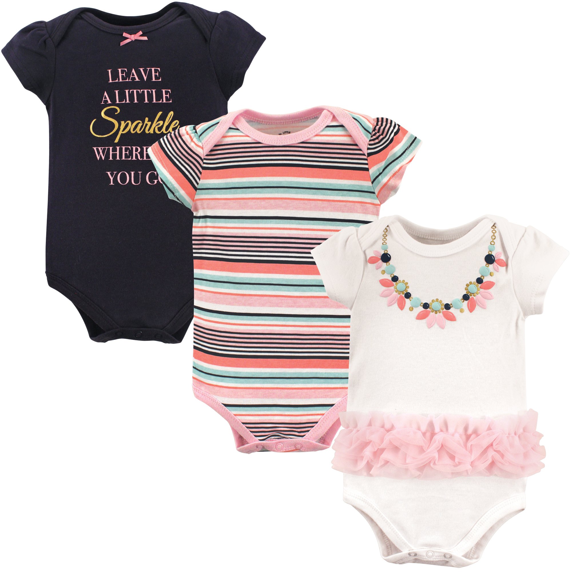 Little Treasure Baby Cotton Bodysuit, 3 Pack, Necklace, 0-3 Months