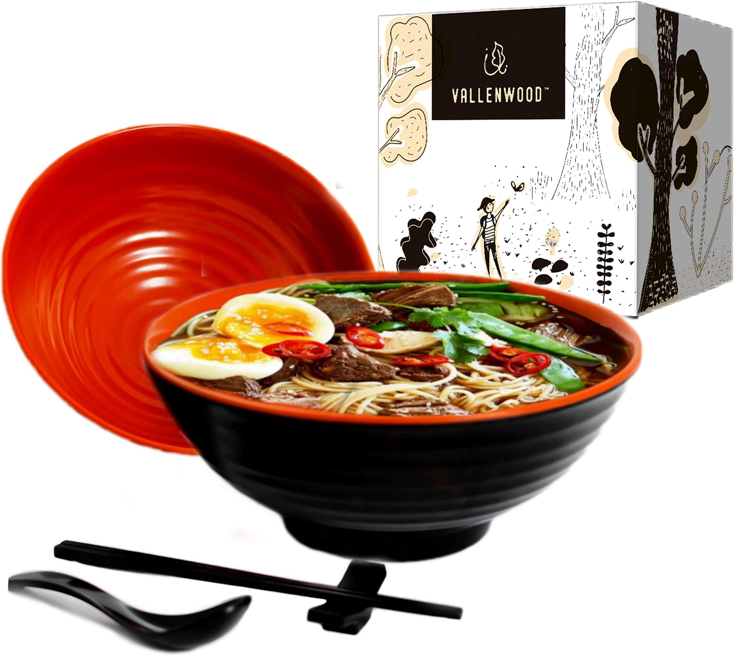VALLENWOOD2 Ramen Bowl Sets. 8 pieces, Melamine Large Noodle Bowls Set . Asian, Chinese, Japanese or Pho Soup 37oz. With Spoons, Chopsticks and Stands. Complete Dinnerware. Thai Miso Udon wonton.