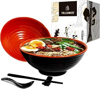 2 Ramen Bowl Sets. 8 pieces, Melamine Large Noodle Bowls Set By Vallenwood. Asian, Chinese, Japanese or Pho Soup 32oz. With Spoons, Chopsticks and Stands. Complete Dinnerware. Thai Miso Udon wonton.