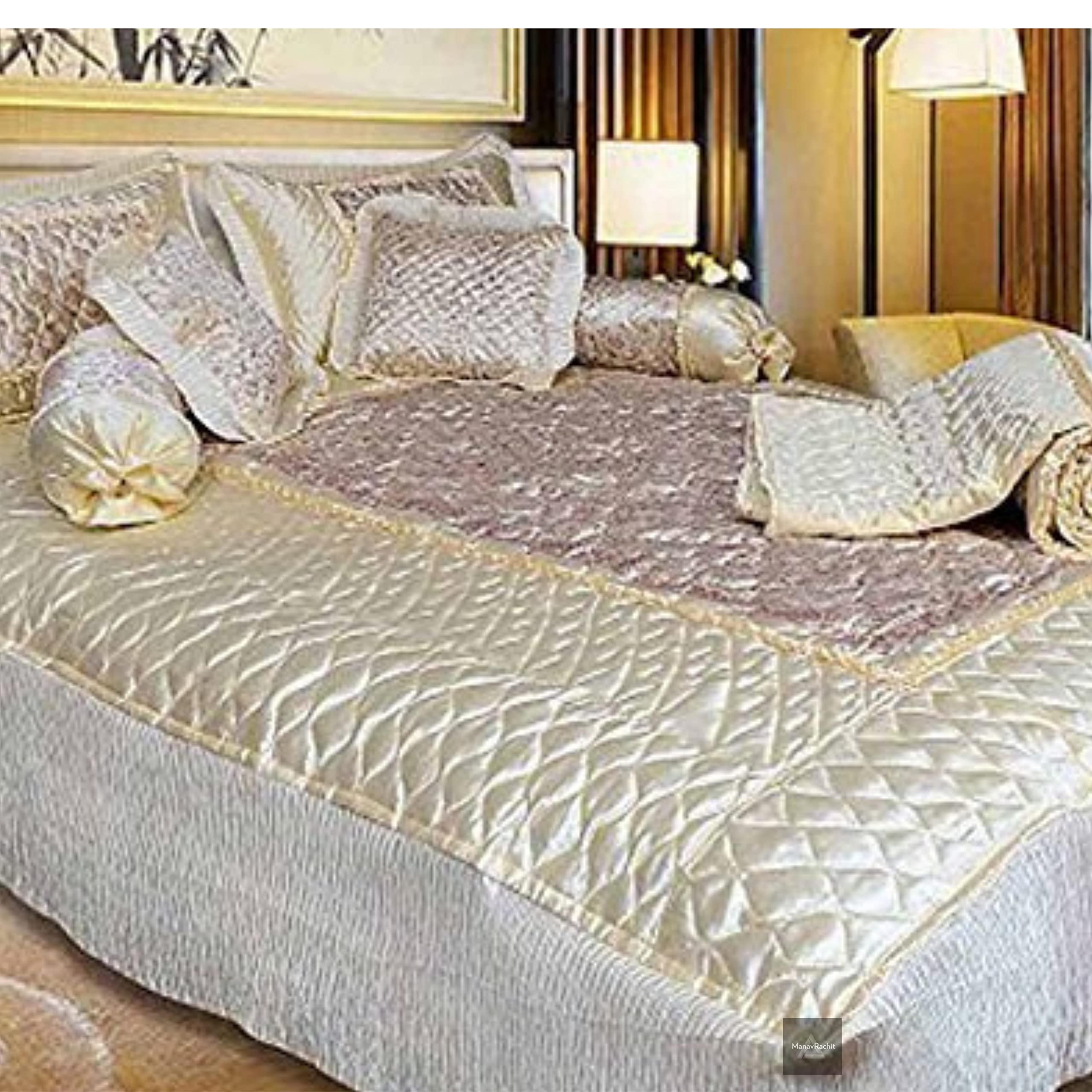 ManavRachit 310 TC Satin Luxury Gold Printed King Size Double Bed Wedding Bedding Bedsheet Set (Set of 8 Pieces) for Hotels, Guest House, Home & Living Room- Cream Jaal