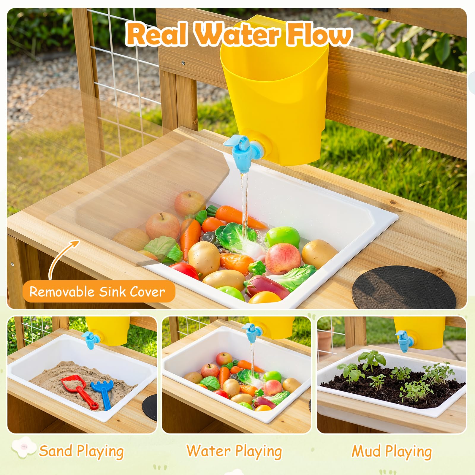 FANTASK Matschküche Outdoor mit Wassertank und Kochzubehör Spielküche | Inklusive Spüle, Wasserhahn, Rankgitter und Pflanzkasten für kreatives Gartenspiel ab 3 Jahren