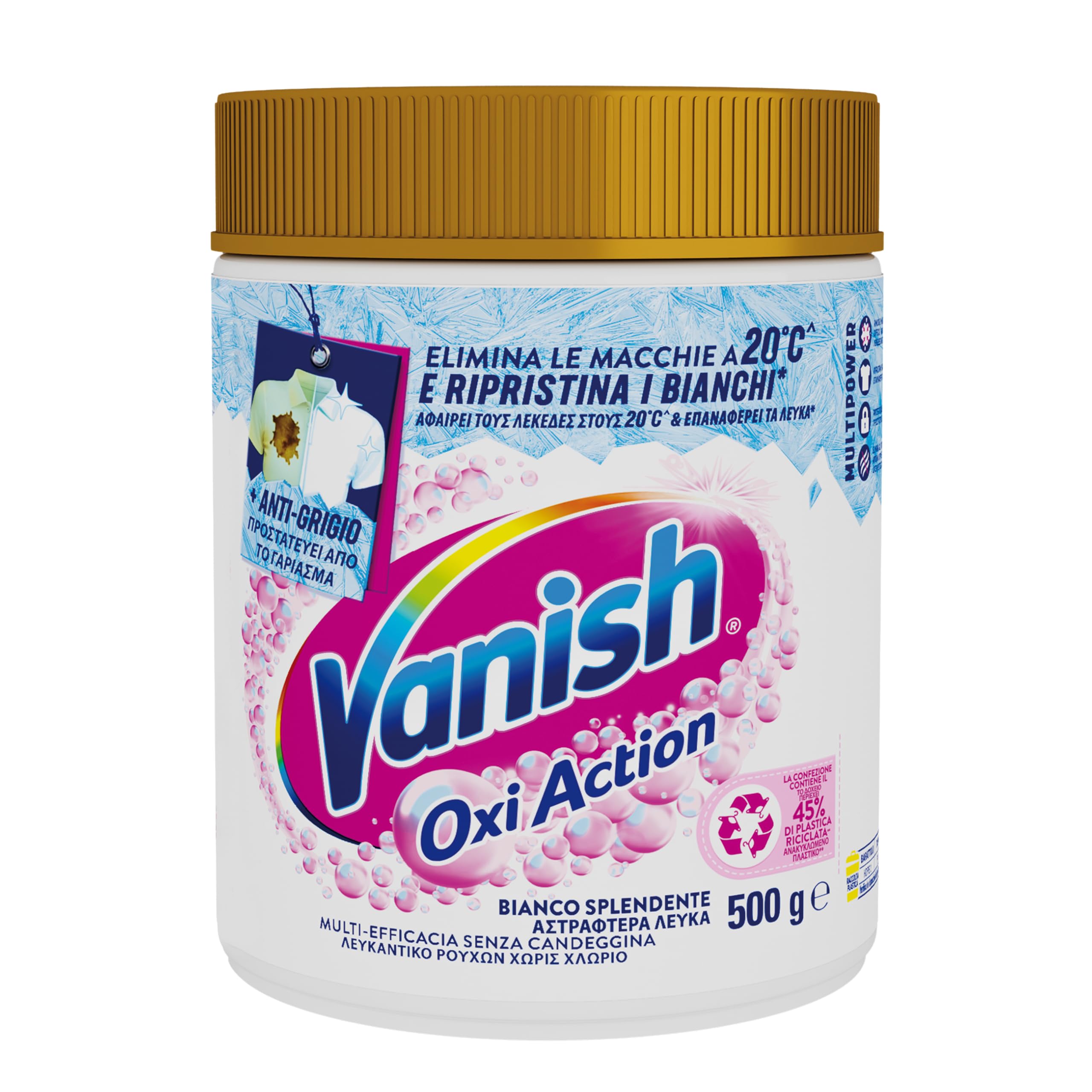 Vanish Oxi Action Multipower Polvere Bianco Splendente, Smacchiatore per Capi Bianchi, 1 Confezione da 500 g per Bucato, Additivo Lavatrice Multiazione senza Candeggina