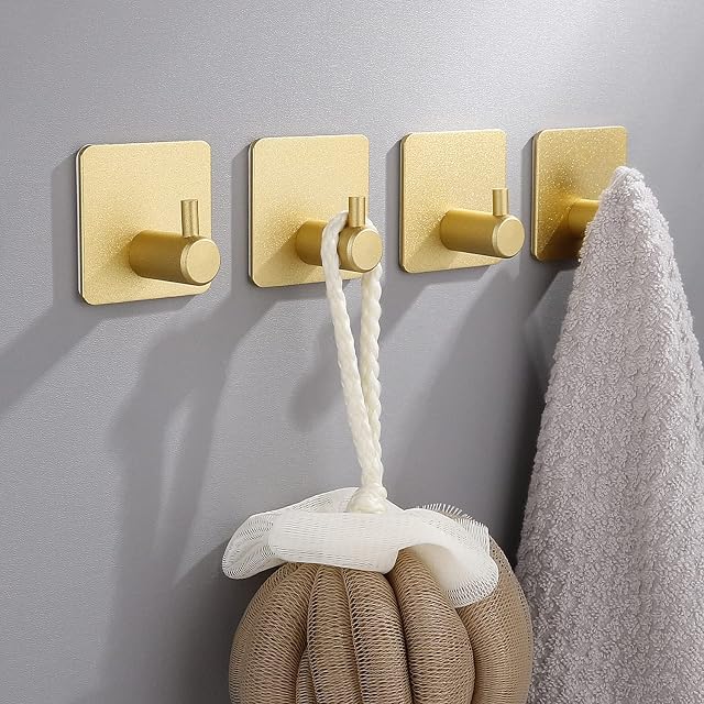 ChangWanna 3M Self Adhesive Hooks - 4 Pack Gold Stainless Steel Super Sticky Hooks, Stick on Coat Door Towel Hat Hooks, No Drill No Screw Non Damage Hooks for Walls Brick Wall Door Kitchen Bathroom