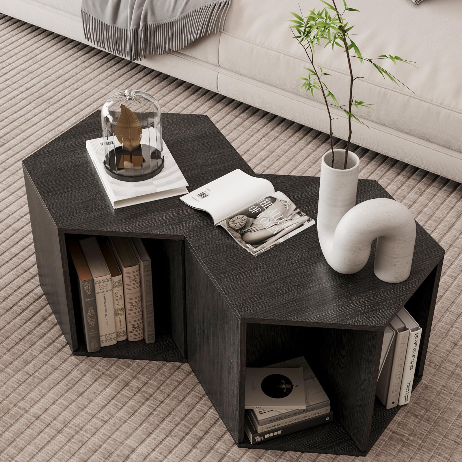 47.24'' Hexagonal Coffee Table Side Table Nightstand Black Brown 2PCS