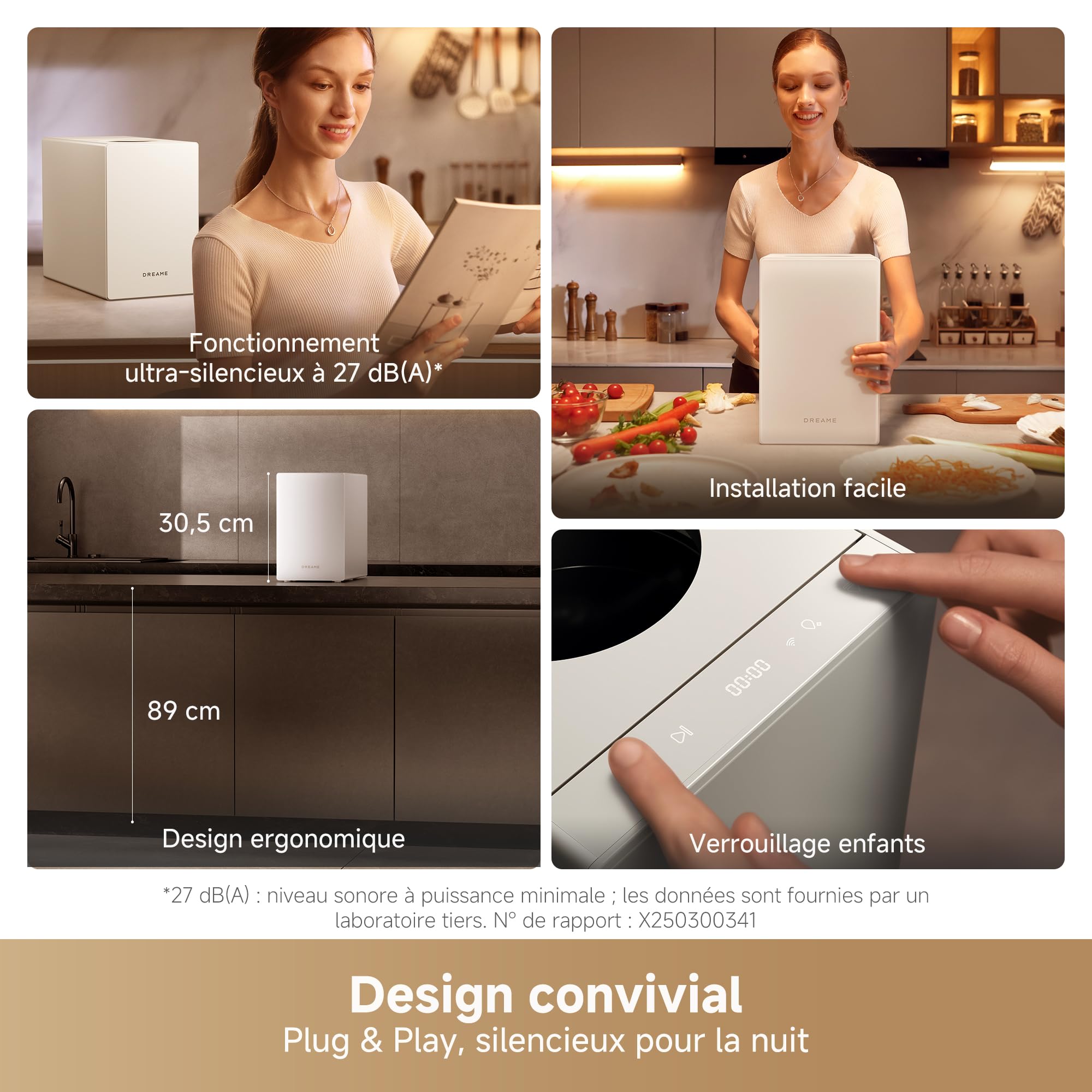 DREAME SF25 WiFi Broyeur de déchets alimentaires, Contrôle via application, Système triple lame, Filtre à charbon lavable, Anti-odeurs, Capacité 2,5 l, Nettoyage auto haute temp., Compact, Silencieux