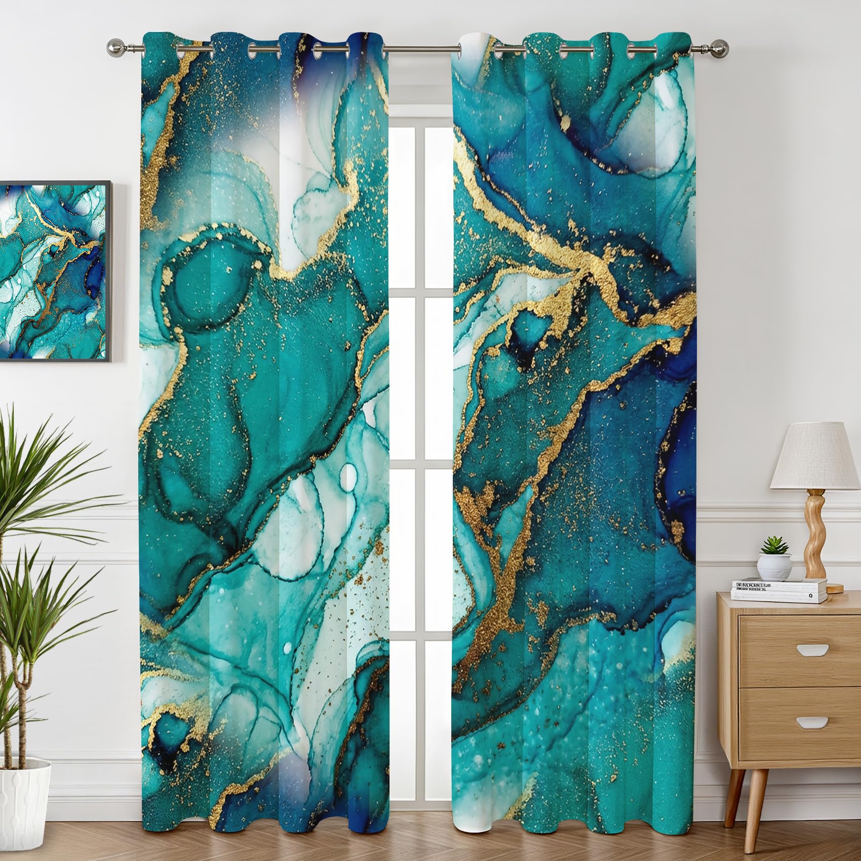 Havenix Teal Marble Blackout Curtains for Bedroom Living Room, Eyelet Curtains 90x108, Thermal Insulated Drapes for Windows, Emerald and Gold Abstract Patterned Window Treatments, 2 Panels