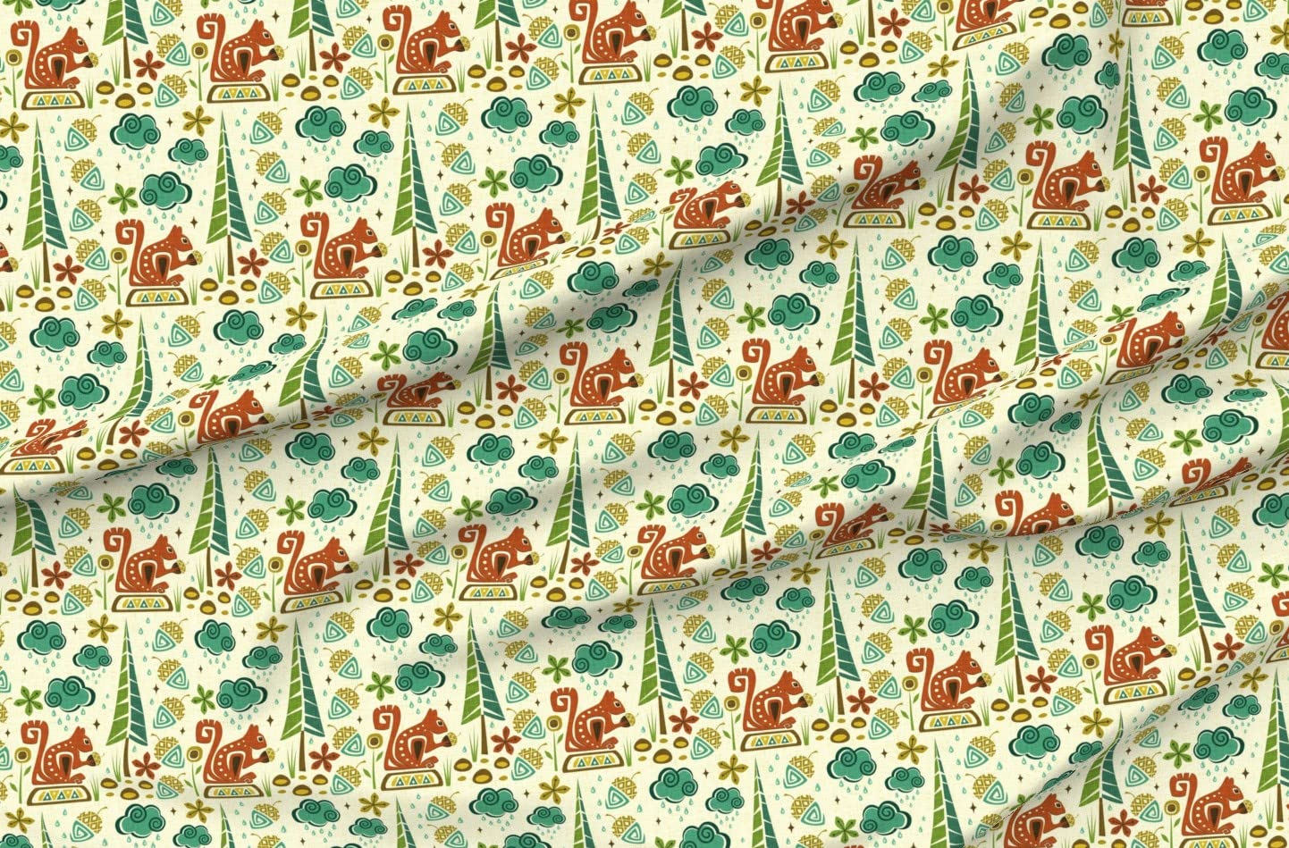 Spoonflower Fabric - Squirrel Time Vintage Flowers Retro Clouds Trees Rain Printed on Polartec(R) Fleece Fabric by The Yard - Sewing Blankets Loungewear and No-Sew Projects