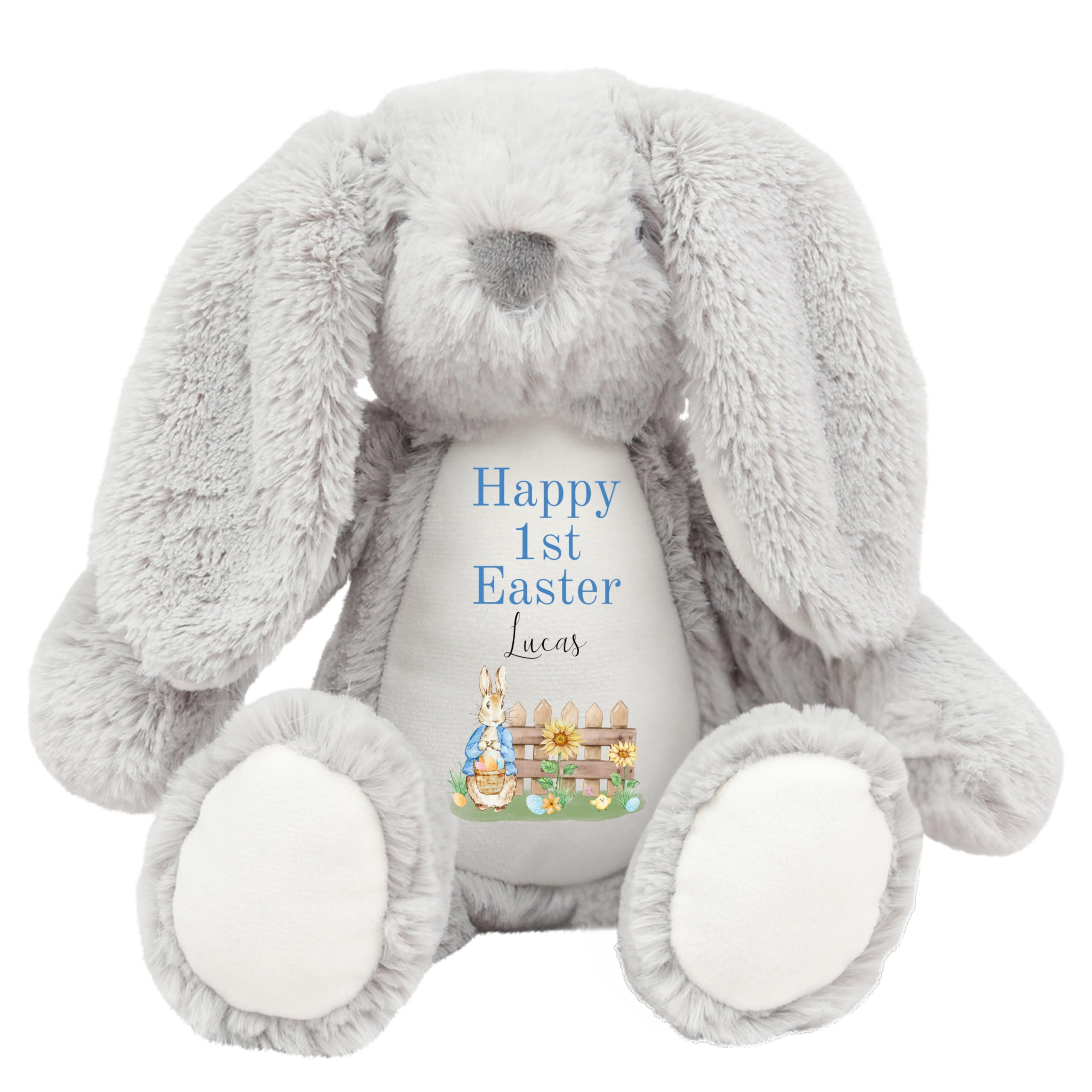 HotScamp Personalised Easter Bunny with Name - Rabbit 1st Easter Blue - Soft Toy for Baby, Toddler, Children, Kids, Babies Spring Time - Blue Letter Grey Bunny โ image 1
