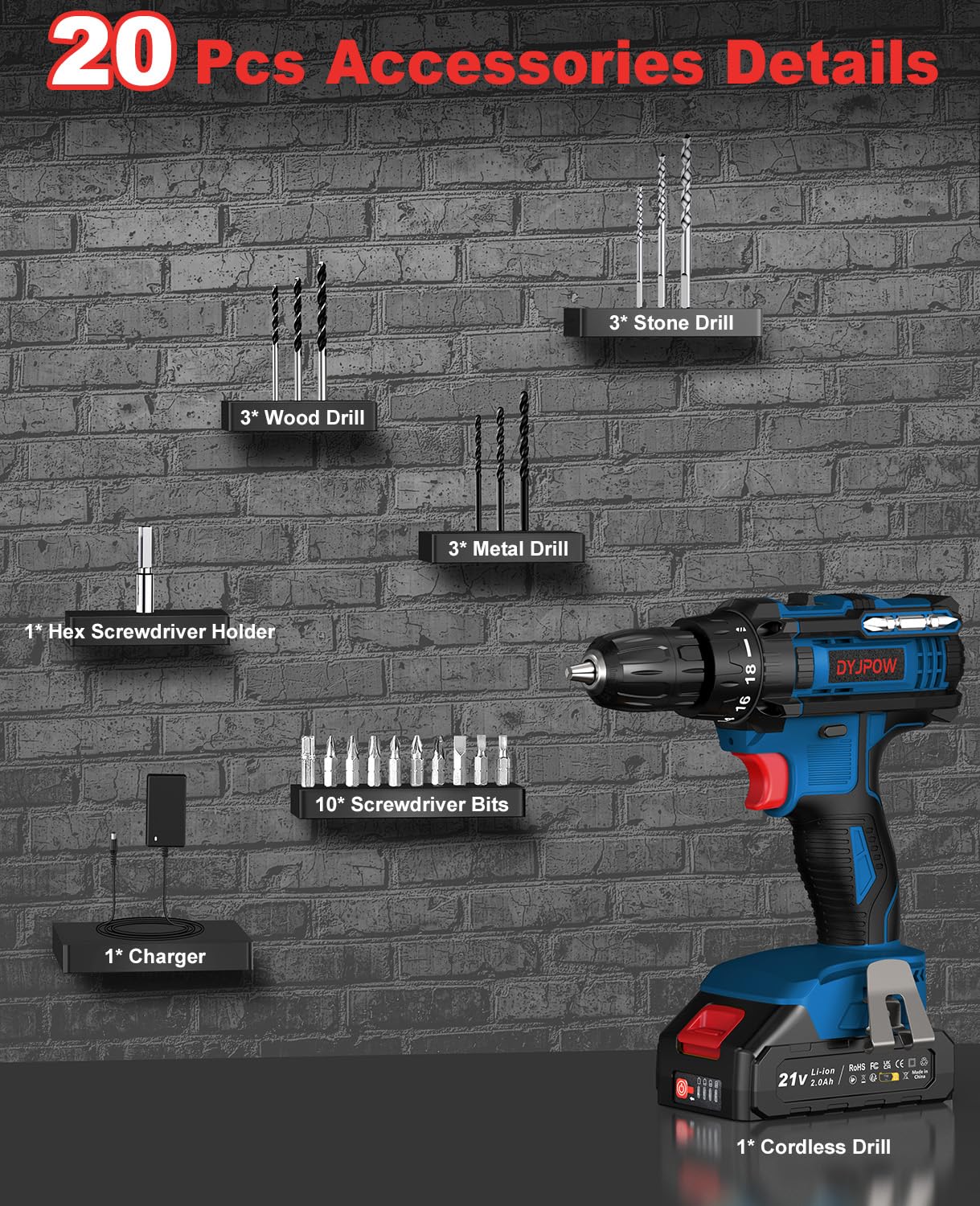 Perceuse Visseuse Sans Fil 21V, Visseuse Devisseuse Sans Fil avec Batterie 2.0Ah, 42Nm Percussion, 18+1 Réglages de Couple, 22 Accessoires, 2 Vitesses, LED, pour le Bricolage, Bleu