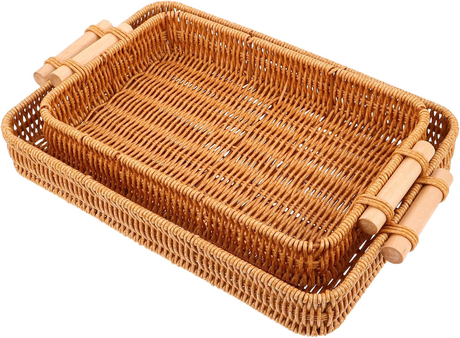 FRCOLOR 2pcs Handwoven Rattan Bread Baskets with Wooden Handles, Rectangular Wicker Storage Bins for Home Kitchen and Living Room, Portable Bread and Fruit Serving Trays