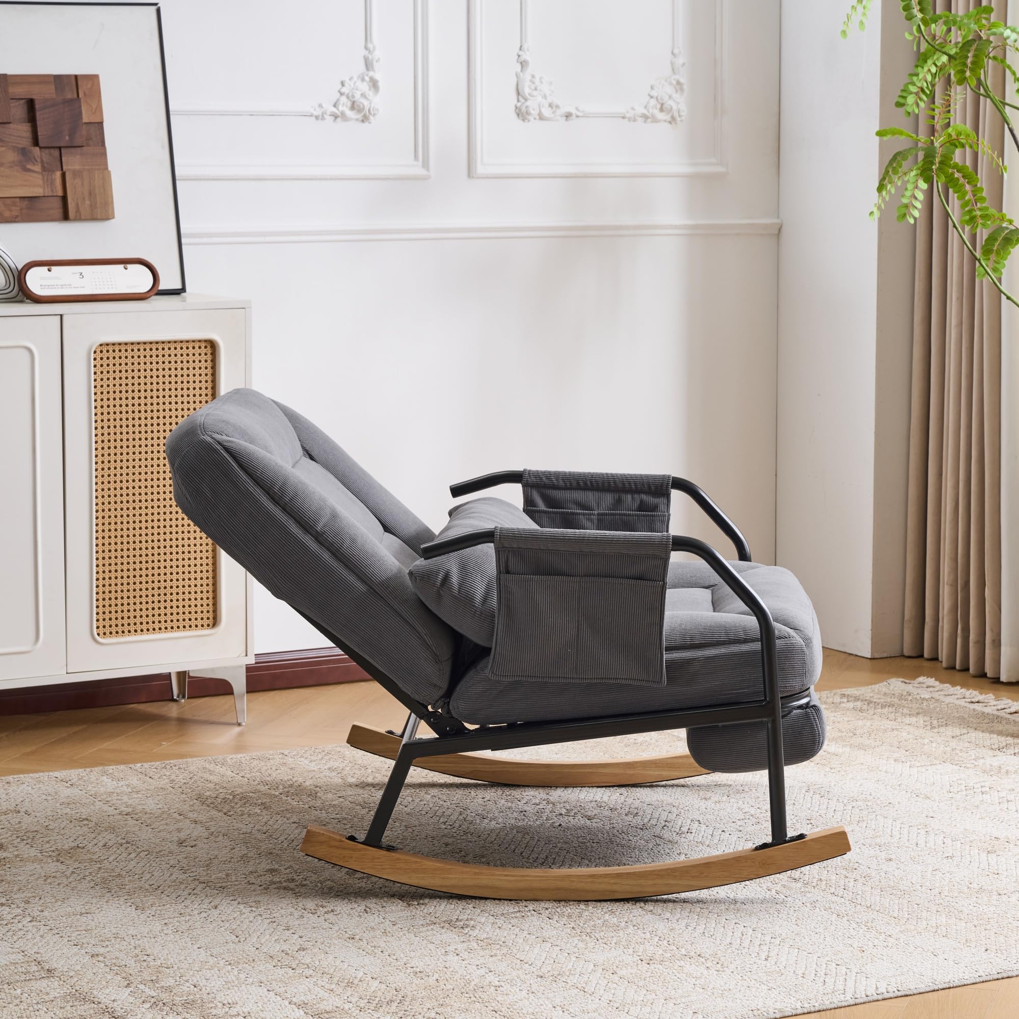 Mecedora Glider con reposapiés, cojín acolchado, respaldo ajustable, interior/exterior, salón, dormitorio, balcón, porche, pana, gris
