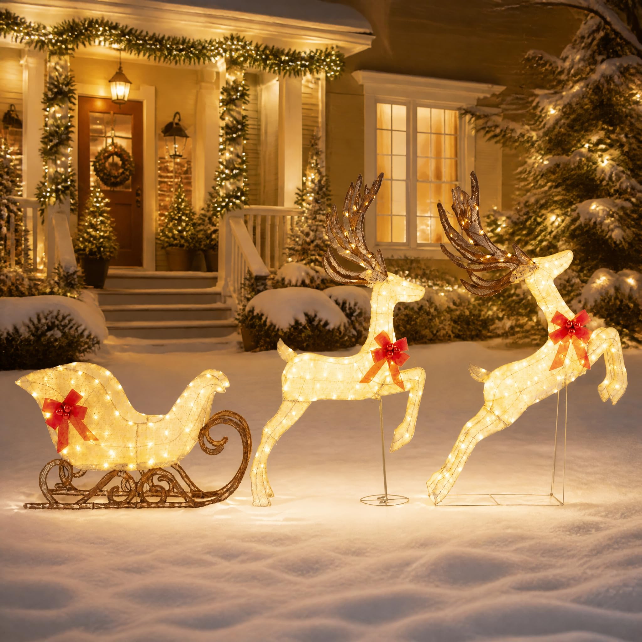 GYMAX 3-Piece Christmas Reindeer Sleigh Set with Gold LED Lights