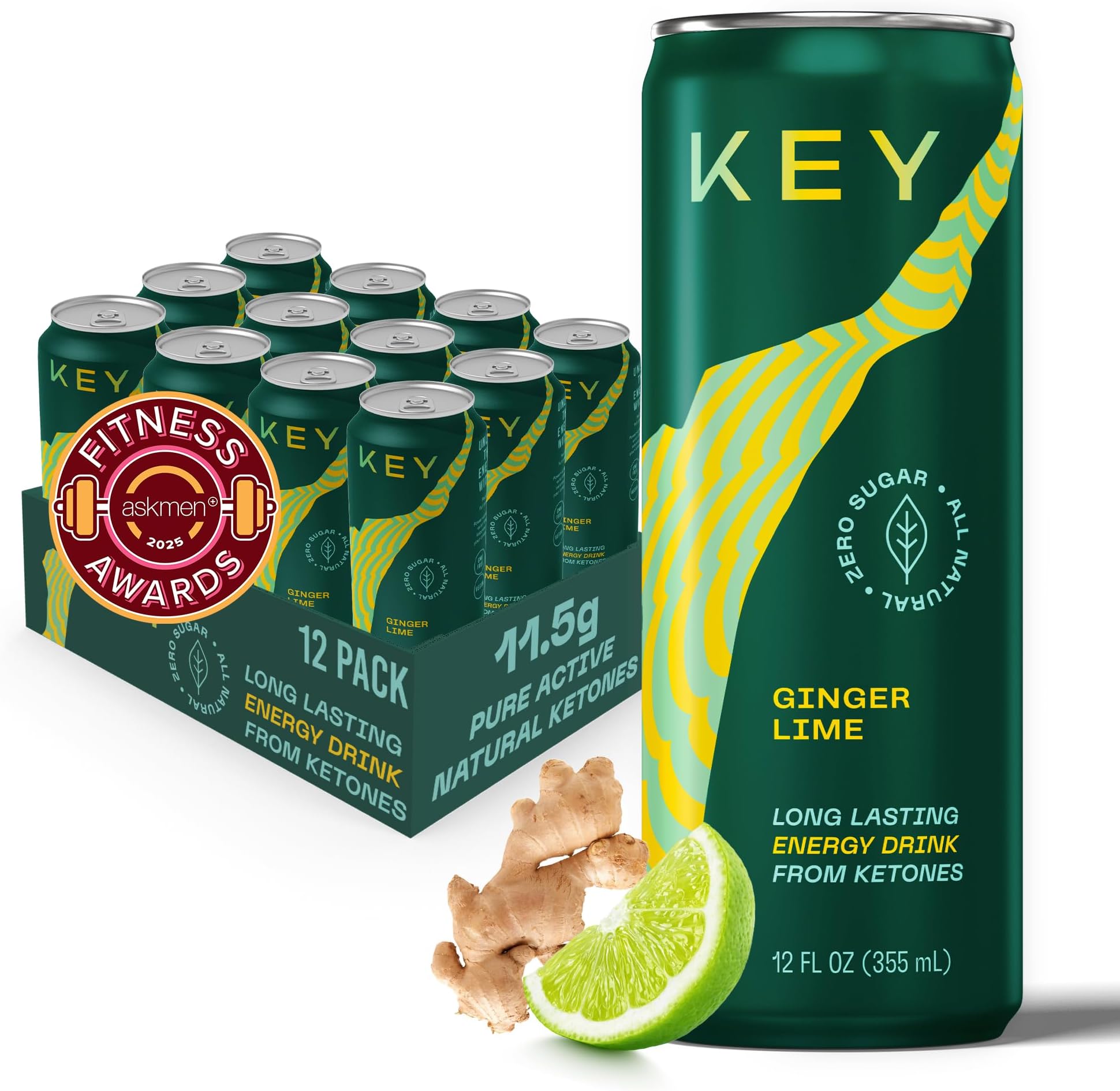KEY Ketone Drink - Ketones for Energy & Focus, Sugar Free & Low Caffeine from Green Tea with L-Theanine, No Crash or Jitters, All Natural, Lightly Carbonated, Ginger Lime (Pack of 12)