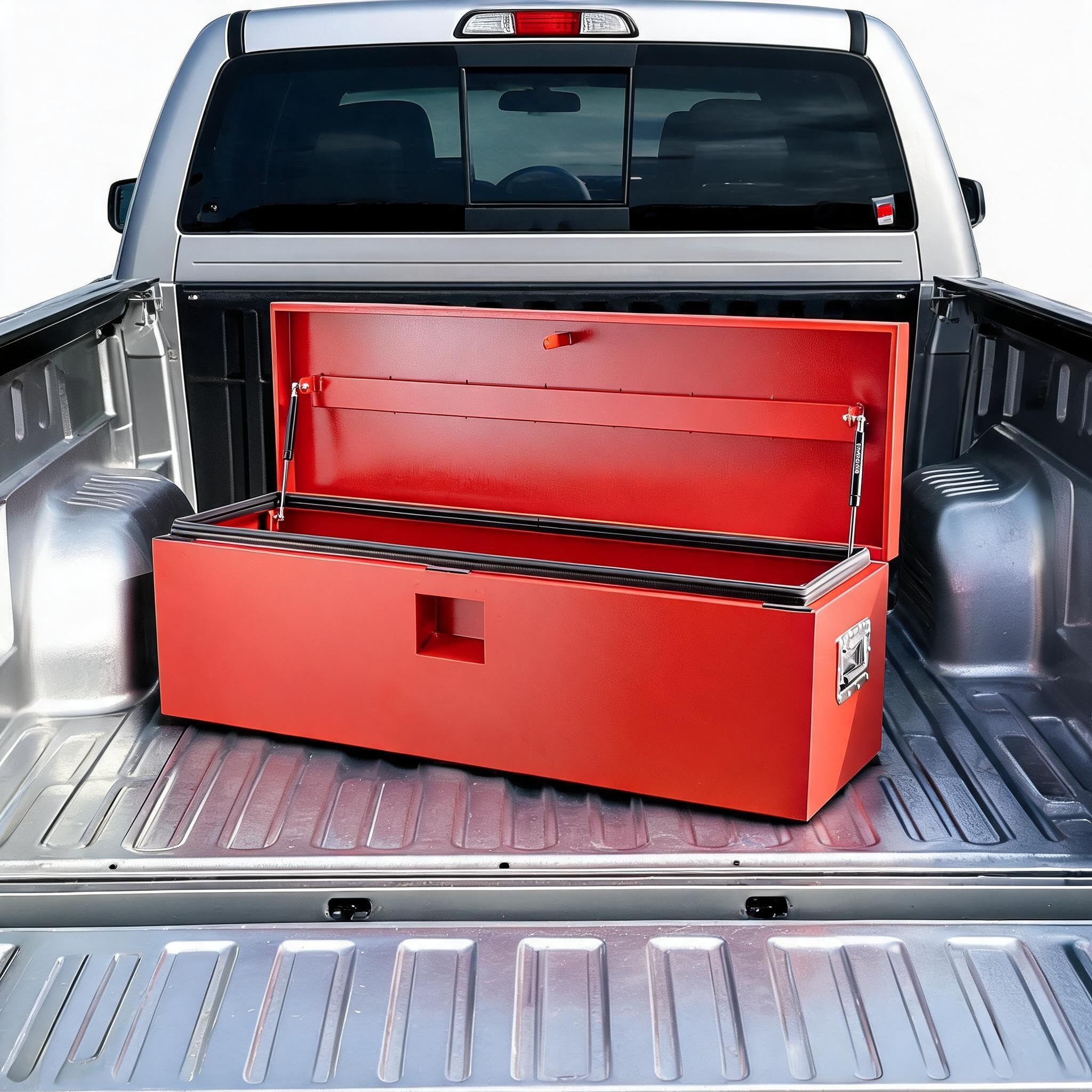 GarveeLife Truck Bed Toolbox, 100° Opening Truck Tool Box, Weatherproof Storage with Recessed Groove Lid, Rust-Proof Metal Tool Box for Pick-Up, Trailer, Red, 38×38×61 cm