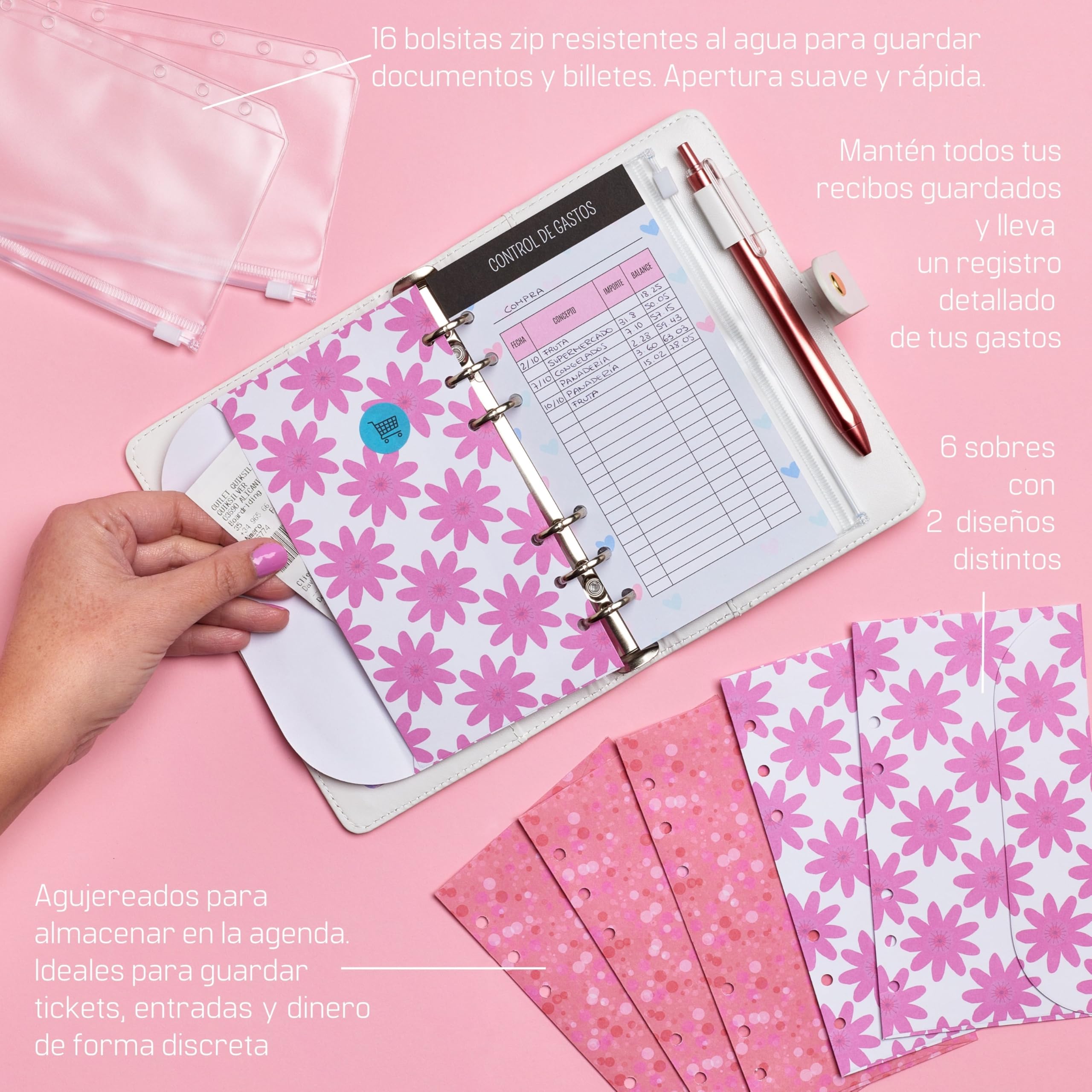 WHEN PIGS FLY Libreta de Ahorro A6 Español - Cuaderno de Ahorro con Sobres - Carpeta de Dinero - Organizador de Dinero - Carpeta de Ahorro (Blanca Corazones)