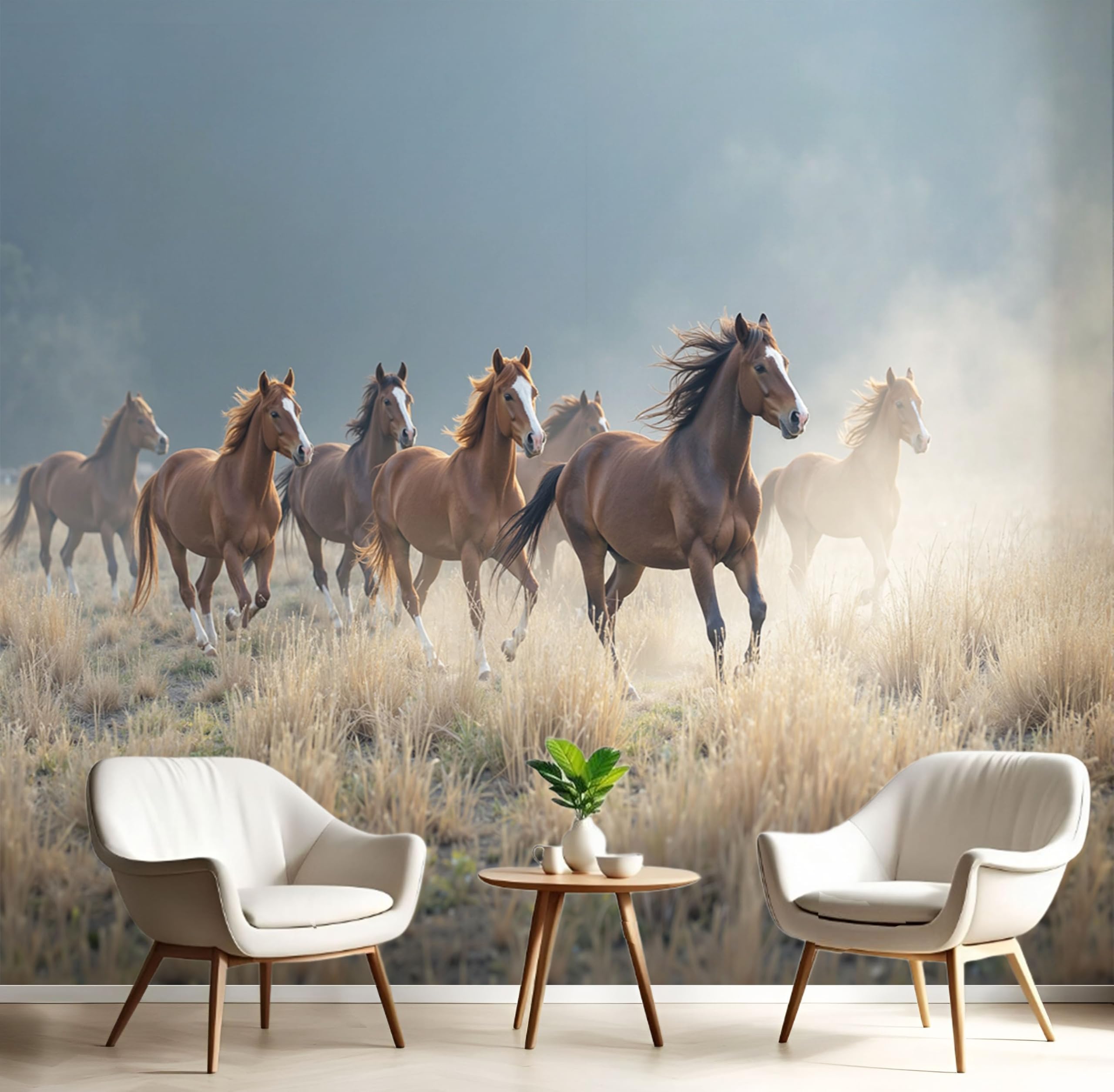 Papier peint panoramique chevaux dans la prairie décor mural nature chambre enfant