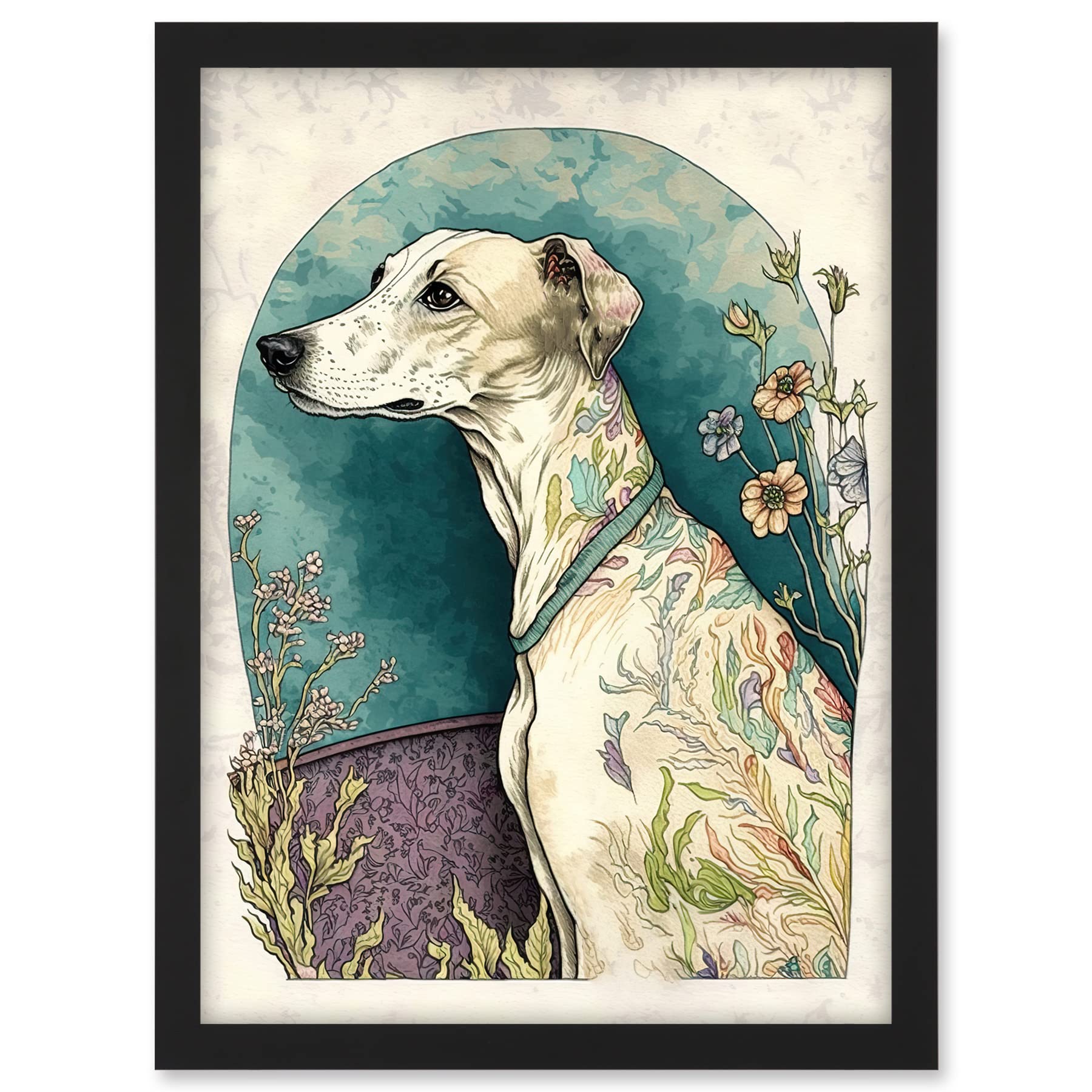 Artery8 Whippet Dog with Flowers Modern Multicoloured Watercolour Illustration Artwork Framed A3 Wall Art Print