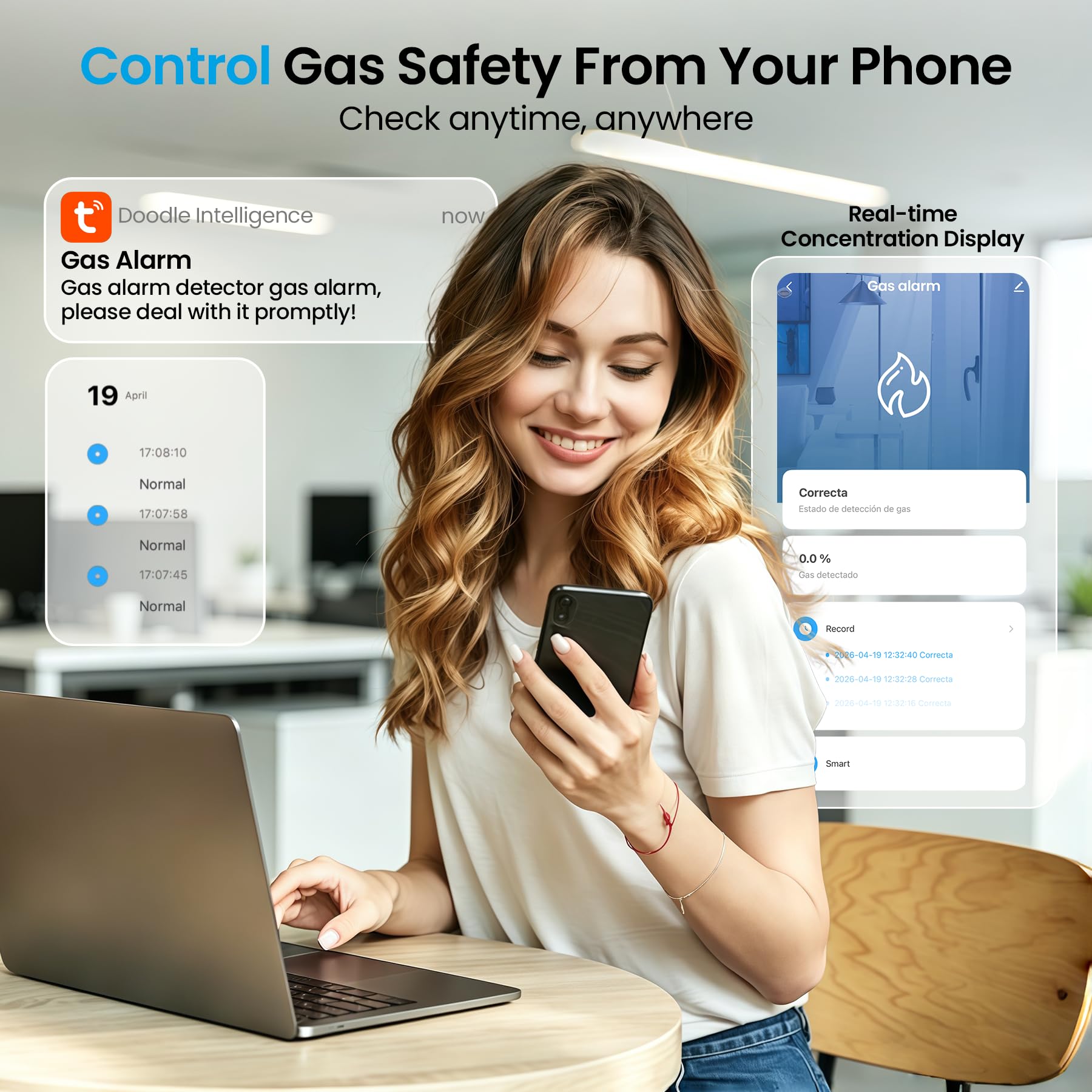 BoundlessBrothers Detector de Gas WiFi para Enchufe, Alarma de Gas Doméstica según EN 50194, Detector de Gas Plug-in con App Tuya Smart, WiFi 2,4 GHz, para Gas Natural, Metano, Propano, Butano