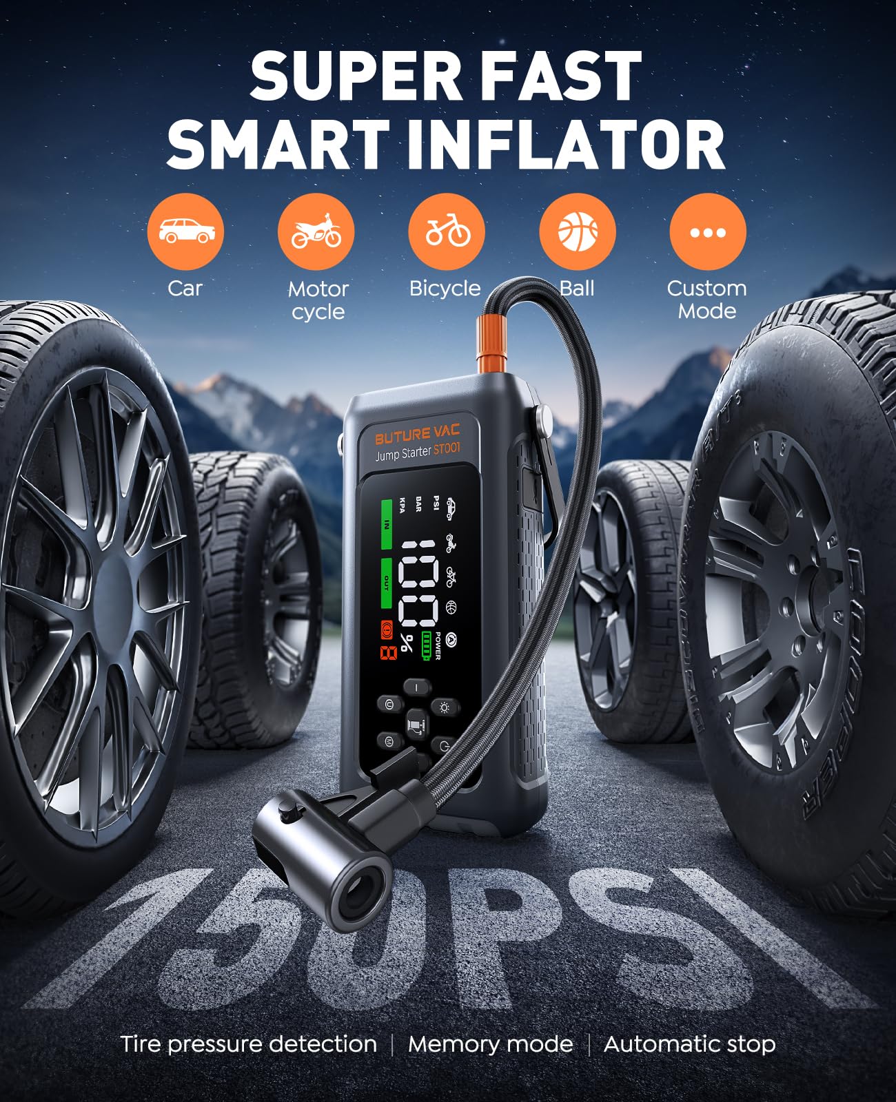 Booster Batterie Voiture avec Compresseur à Air 5000A 150PSI, 12V Démarreur (9L Tout Gaz ou 8L Diesel), 500 Lumière LED 4 Modes, Grand Écran, Gants