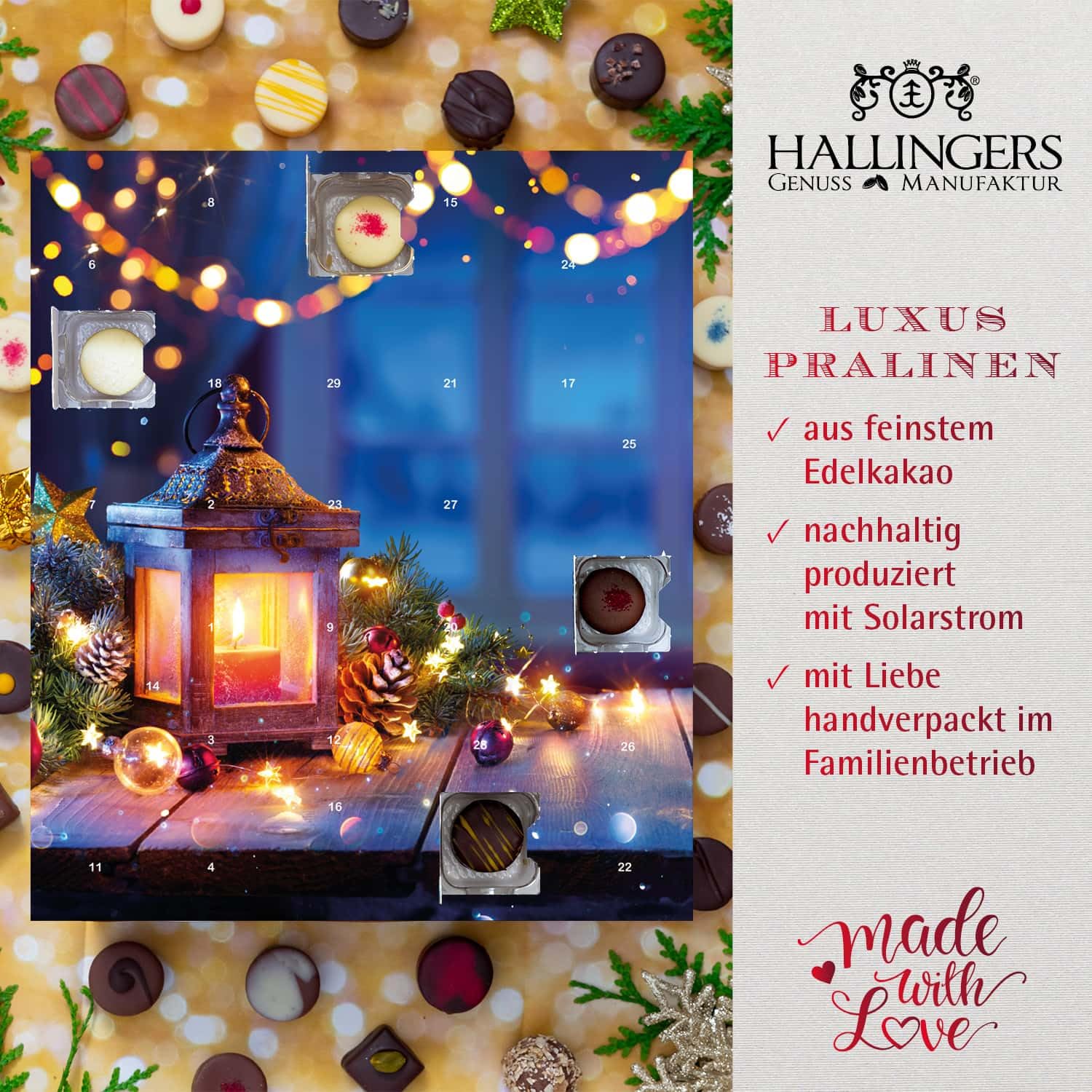 Hallingers Genuss Manufaktur Pralinen Adventskalender - ohne Alkohol, handmade aus Confiserie-Edelkakao in wertigem Softfeel-XLKarton "Weihnachtsfreud...", Weihnachtskalender für Frauen Männer