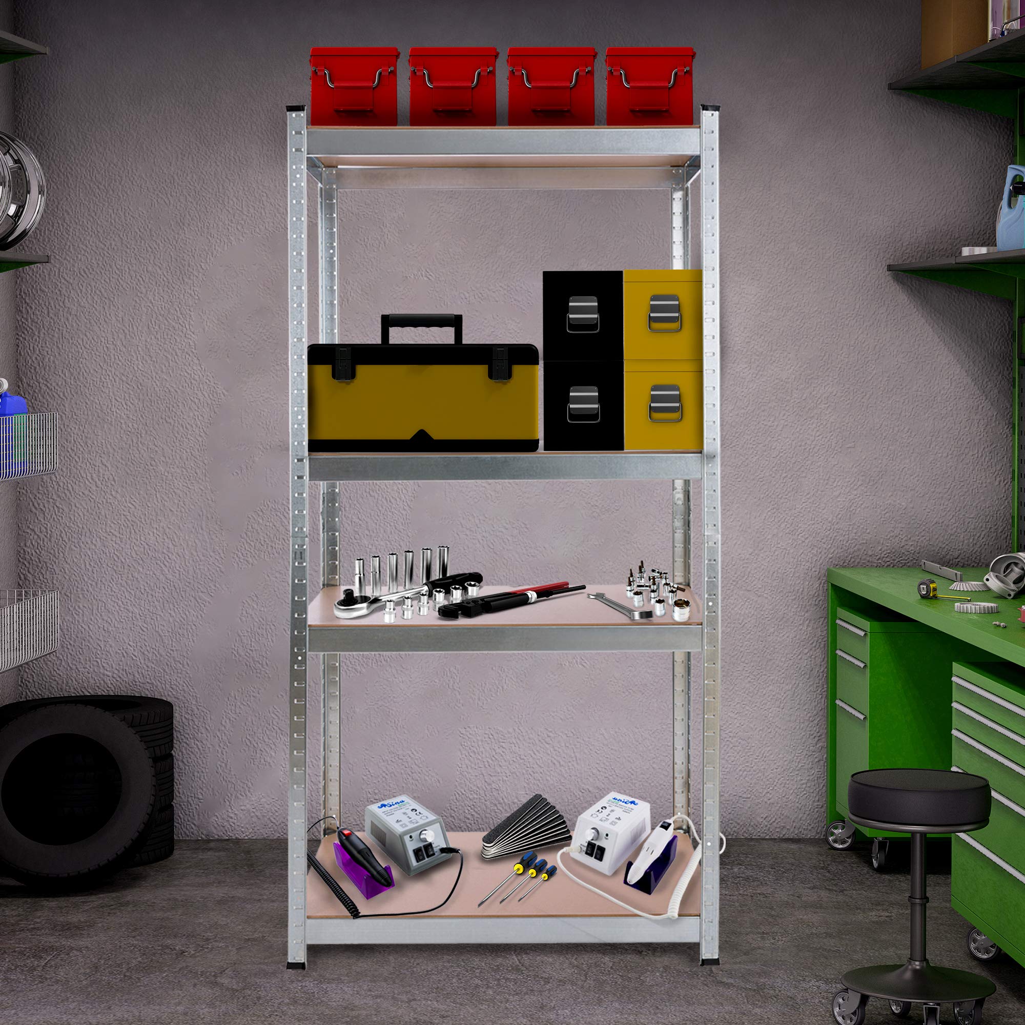 Arebos Schwerlastregal | 160 x 80 x 40 cm | 320 kg Tragkraft | 0,7 mm | 4 MDF-Platten | Einfache Montage durch Stecksystem und ohne Schrauben Steckregal Kelleregal | verzinkt