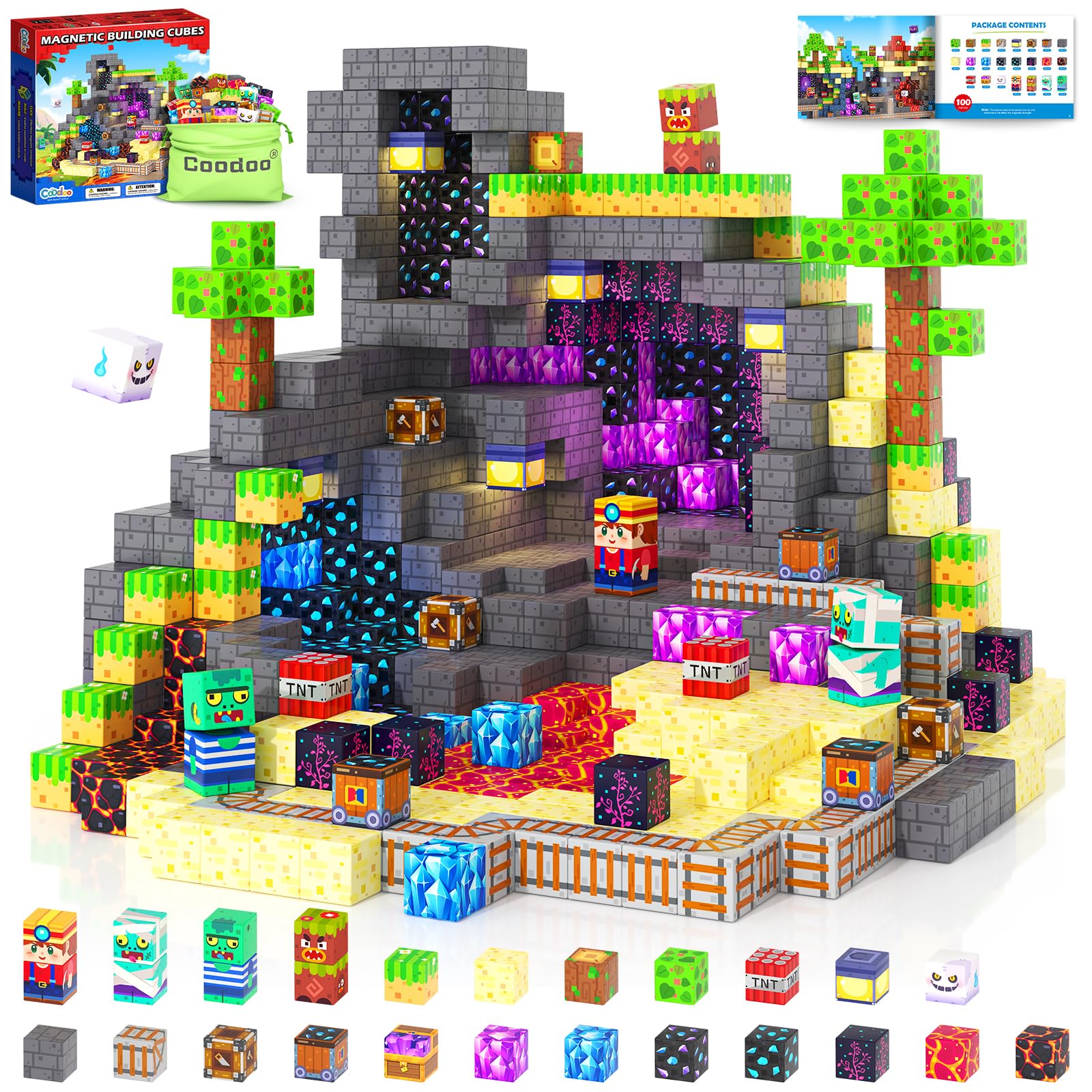 Coodoo Magnetische Bausteine - Baue Mine Magnet Welt für Kinder 4-8, Magnetische Fliesen Outdoor STEM Konstruktionsbausteine Sensorische Spielzeug für Jungen und Mädchen ab 3 Jahren Kinderspielzeug