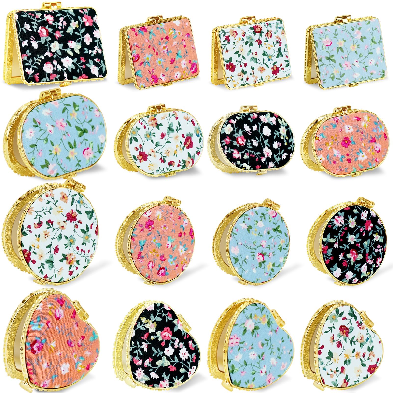 32 Pcs Compact Mirrors, Pocket Travel Mirror with Gold Edge, Vintage Floral Handbag Mirror for Women, Portable Small Compact Mirrors for Makeup Daily Use Party Favors Return Gifts, 4 Styles & 4 Colors
