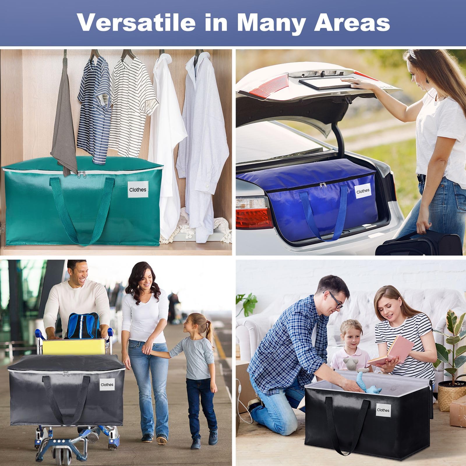 StorageRight Umzugstaschen, robuste Umzugskartons, Aufbewahrungsboxen mit Reißverschluss, verstärkte Griffe und Tasche mit Etiketten, zusammenklappbar, für Umzug, Lagerung und Reisen, 93 l, vier