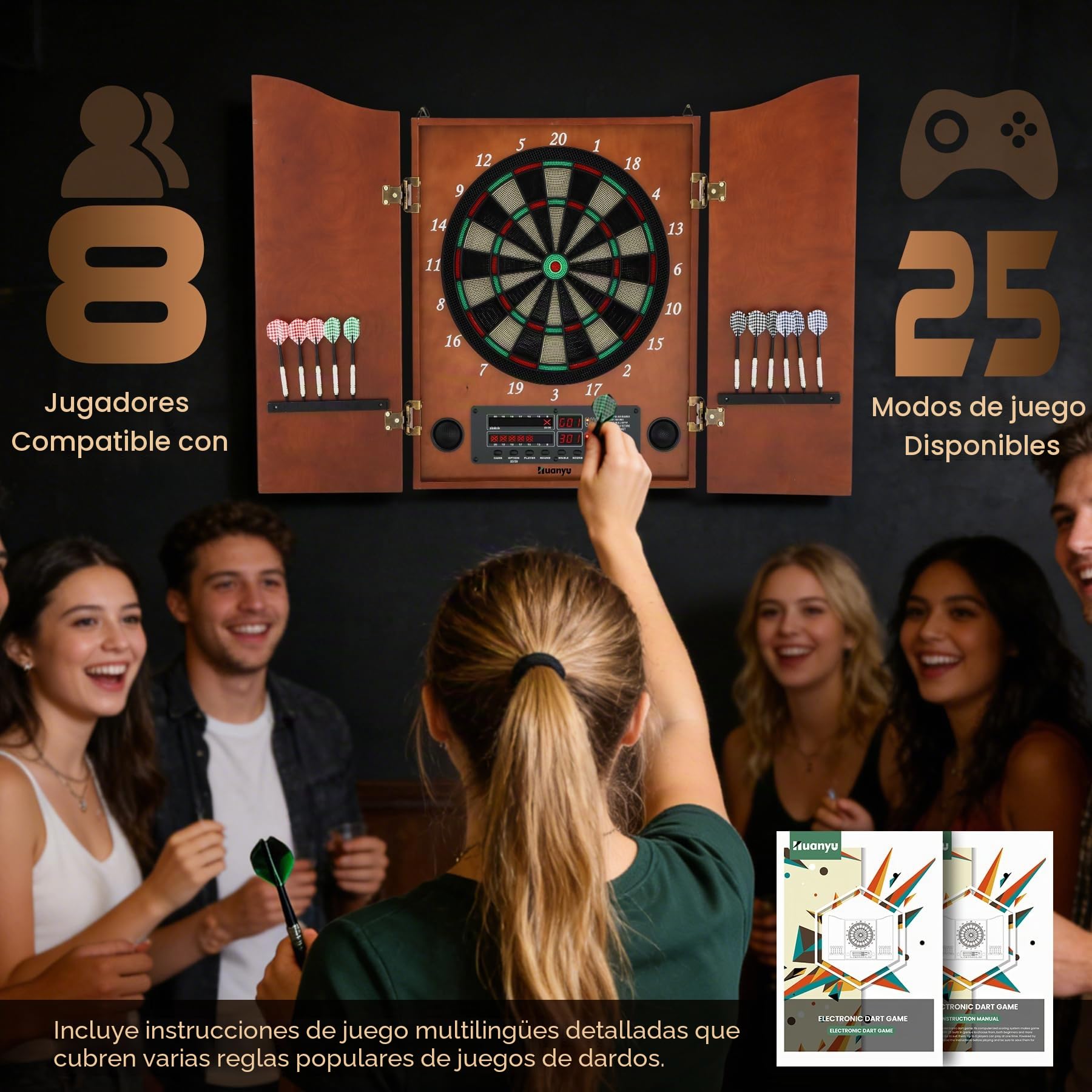 Huanyu Diana electrónica Juego de Diana LED con Armario para Adultos con 12 Dardos de Punta Blanda para hasta 8 Jugadores, 25 Juegos, Ideal para Salas de Juegos Familiares y Bares
