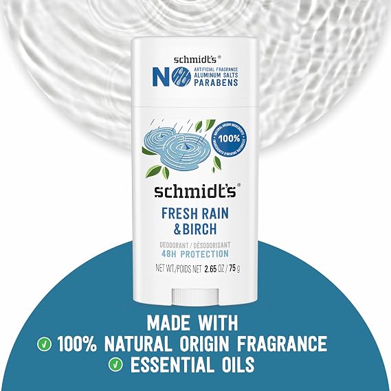 Schmidt's Aluminum-Free Vegan Deodorant Fresh Rain & Birch with 24 Hour Odor Protection, for Women and Men, Natural Ingredients, Cruelty-Free, 2.65 oz