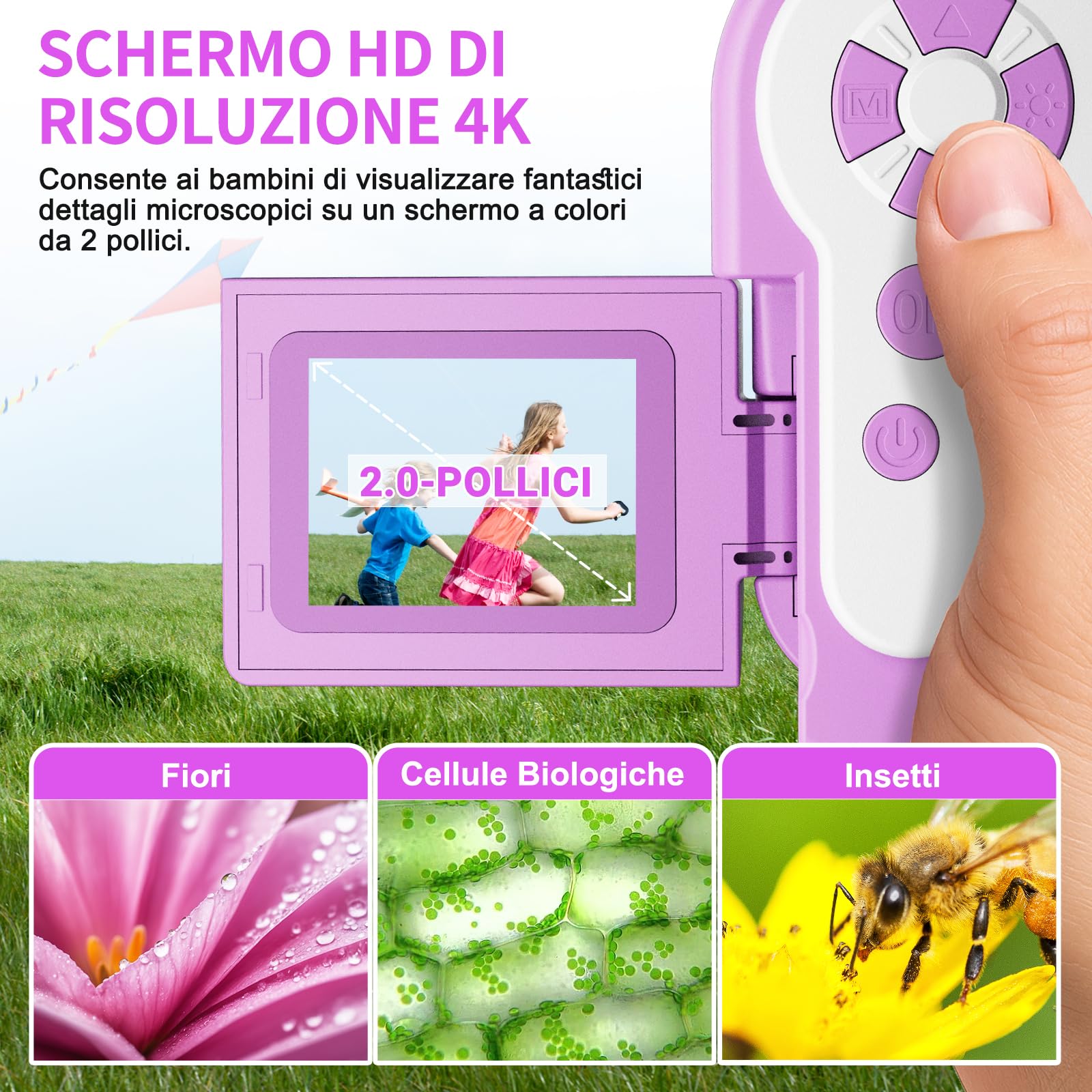 USCAMEL Microscopio Digitale Portatile per Bambini: 1000x ingrandimento, schermo HD da 2 pollici, connessione USB, Attrezzo educativo microscopio portatile per bambini età 7-12 anni (Viola)