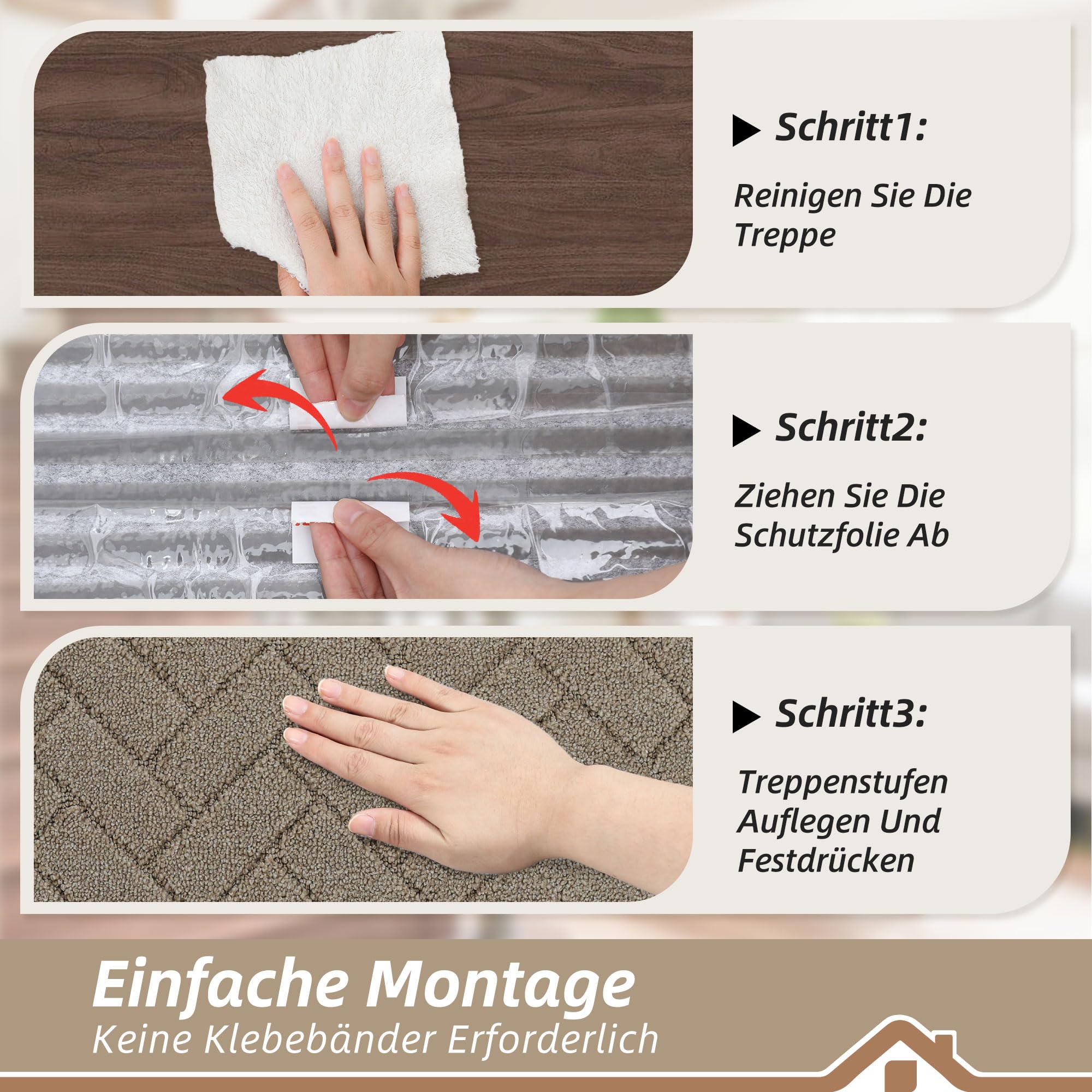 BEQHAUSE Stufenmatten, Anti-Rutsch-Treppenläufer Treppenstufen für hölzerne Schritte Innen Maschine waschbar 22x70cm Treppenstufen mit TPE - Rücken, für Kinder Ältere Haustiere, Beige, 15 Stück