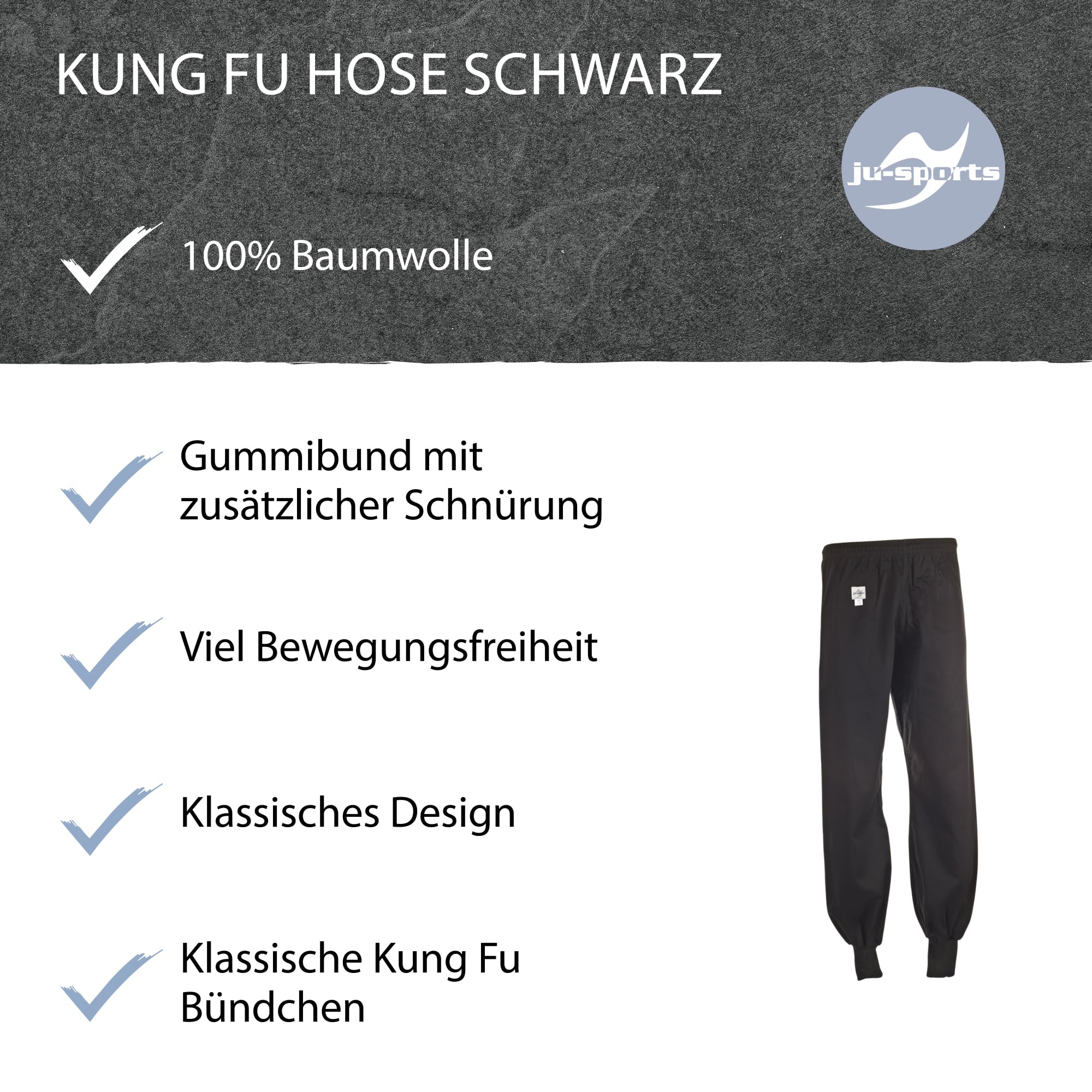 Ju-Sports Kung Fu Hose Herren & Damen schwarz - Leichte Hose mit Gummizug mit Zusatzschnürung, 100% Baumwolle, Mit klassischem Kung Fu Bündchen