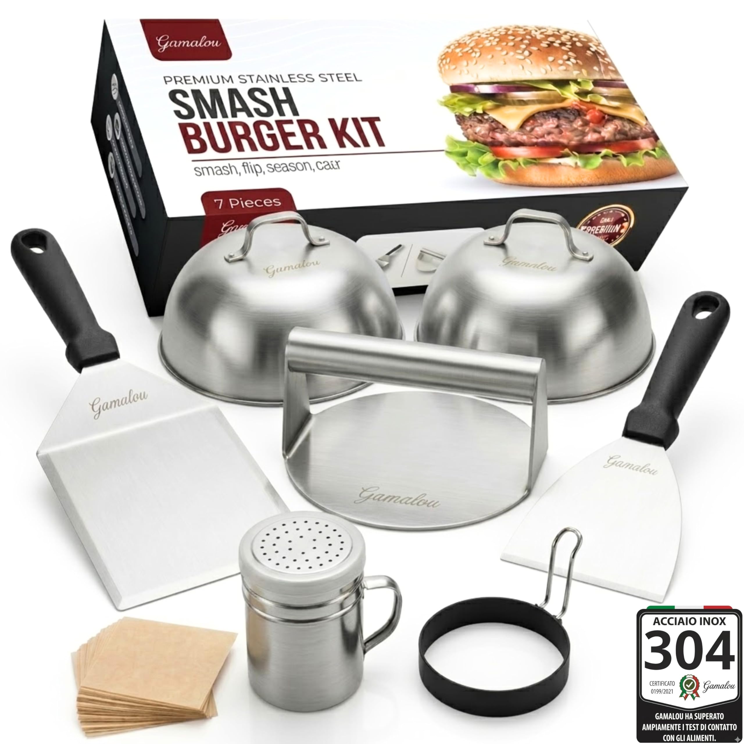 Smash Burger Kit Professionale in Acciaio Inox: Pressa Hamburger, Spatola 13 cm, Raschietto 10 cm, 2 Cloche, Anelli Uovo e Spargispezie per Griglia, Piastra, Padella – Certificato EU