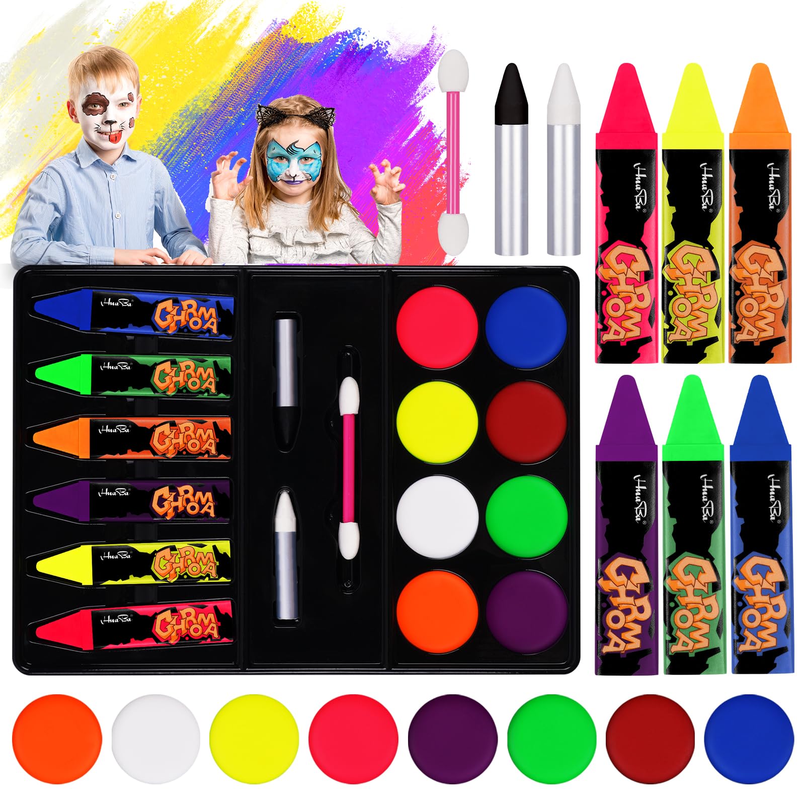 AOOWU Pintura Corporal y Facial, 17PCS Kit de Pintura Facial Para Niños (Contiene colores fluorescentes), No Tóxica Pinturas Cara para Niños, Kit Maquillaje para Halloween Festival Fiesta Cosplay
