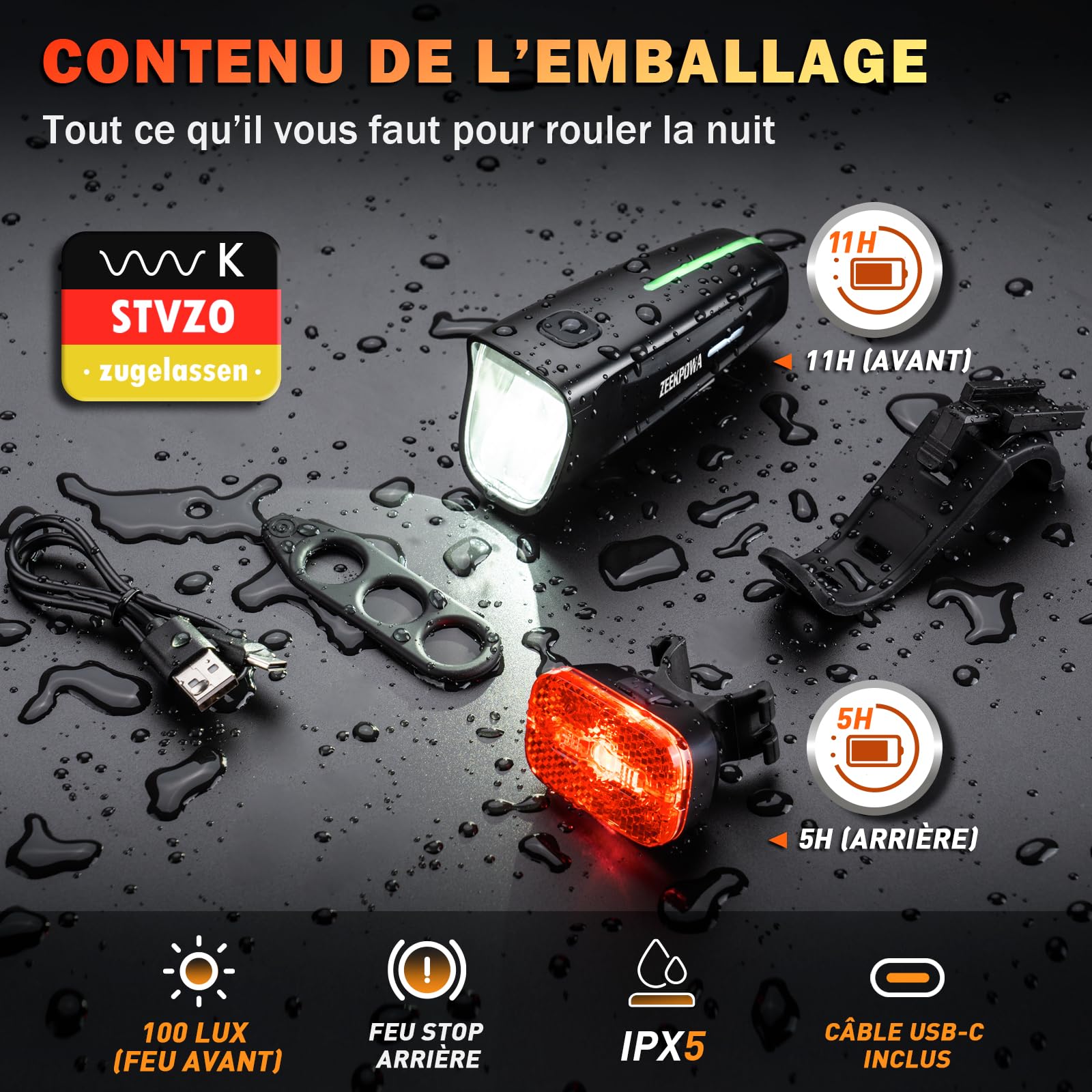 Kit d'éclairage de vélo 100 Lux StVZO, batterie USB-C avant + feu arrière avec fonction feu stop, étanche IPX5 pour les trajets en route de nuit