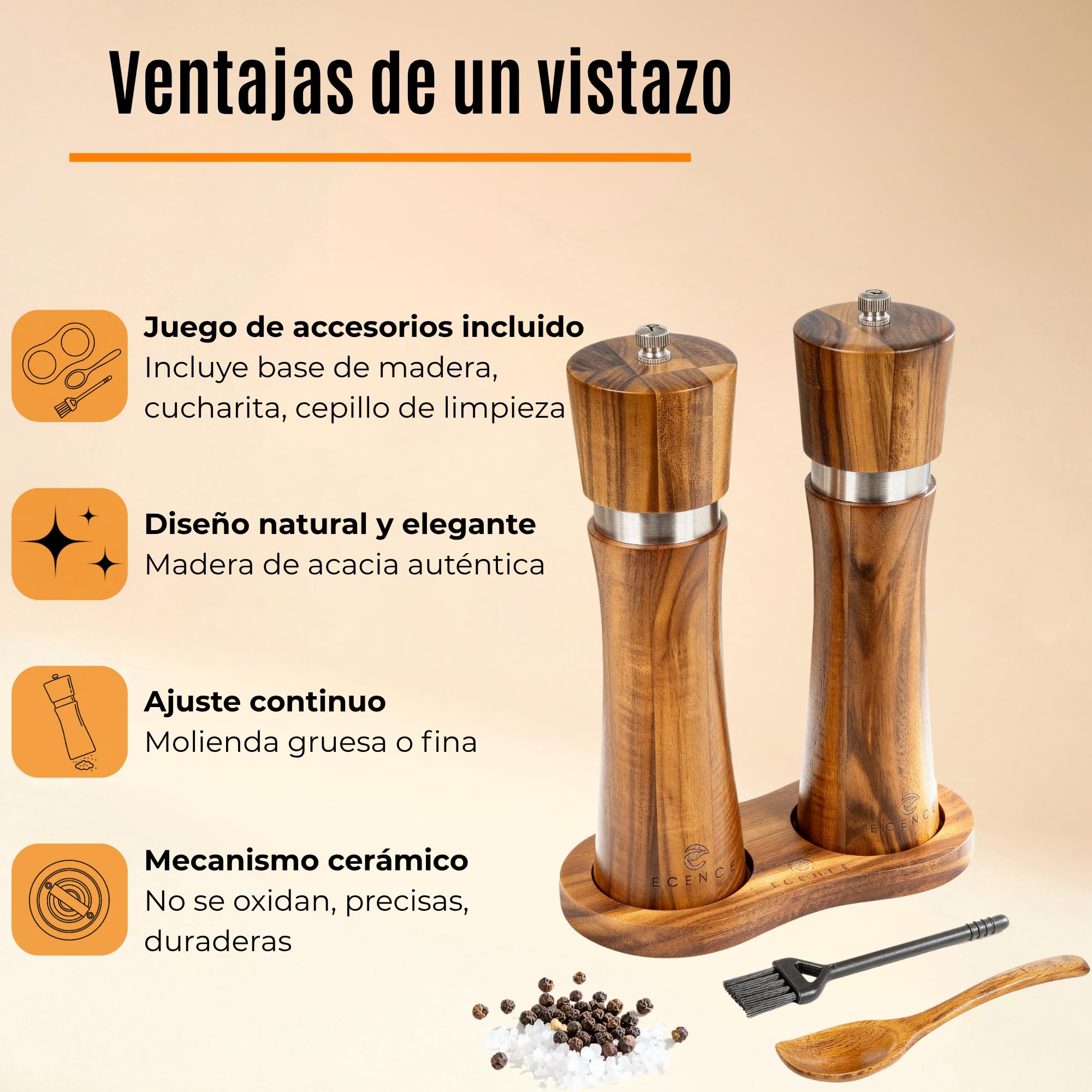 ECENCE Molinillo Pimienta y Sal de Madera de acacia - Juego de 2 molinillos especias con mecanismo de cerámica, incluye cepillo de limpieza y base