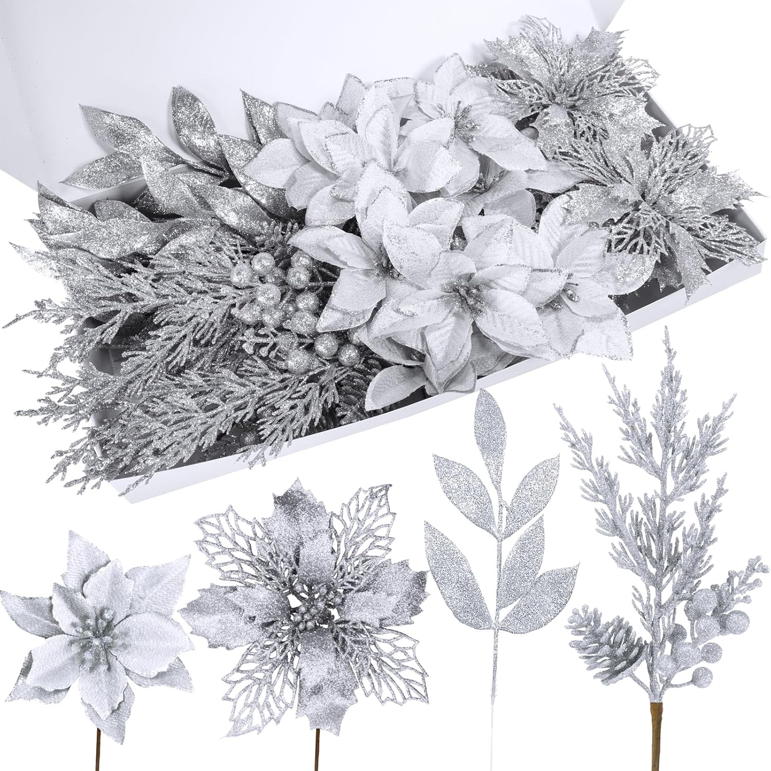Winlyn 35 Pcs Christmas Artificial Poinsettia Flowers Picks and Artificial Leaves Sprays Silver Glitter Christmas Picks for Silver Christmas Tree Holiday Decor Floral Arrangement Wreath Centerpiece