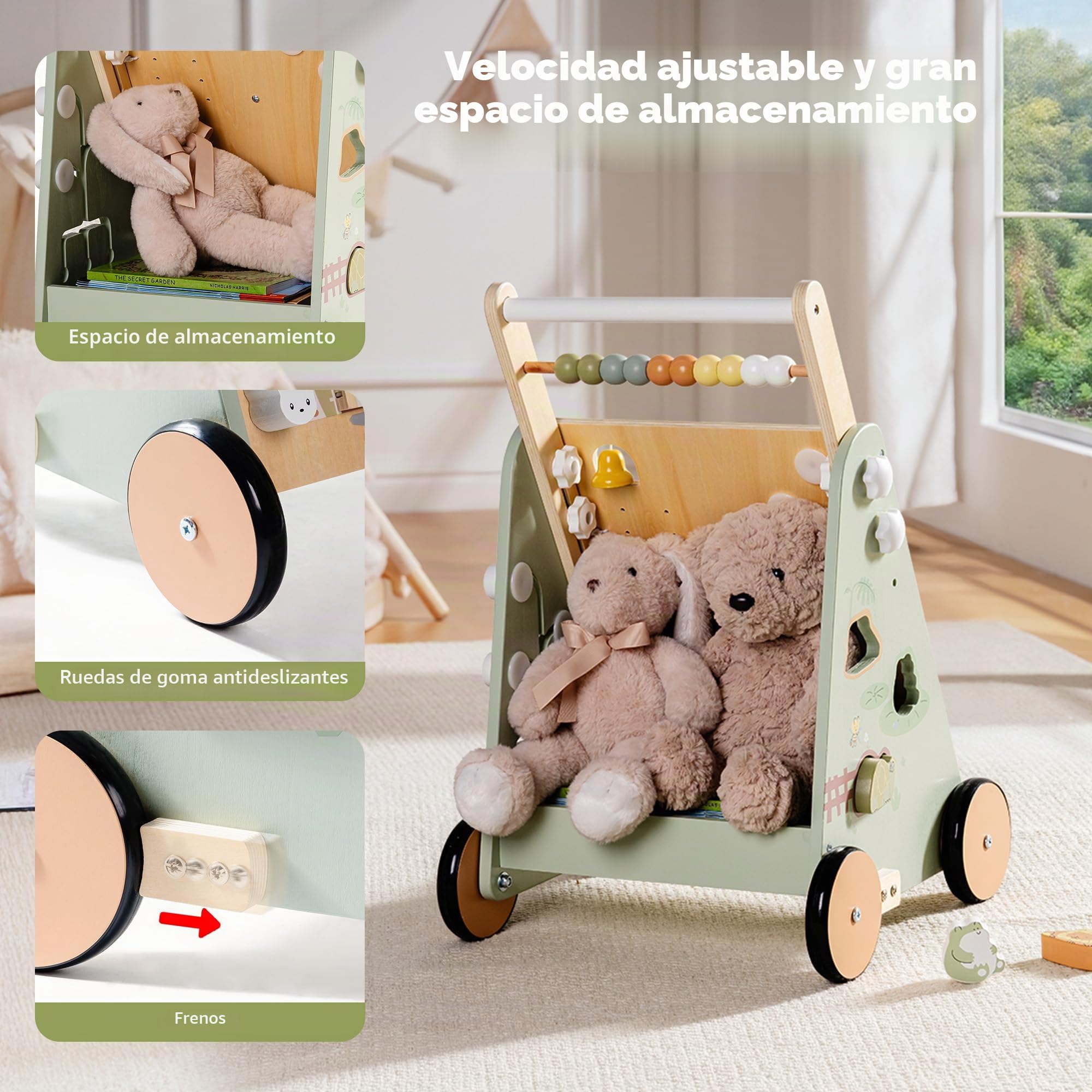 ROBUD Andador de madera para bebés para niños pequeños, juguete multifuncional 8 en 1 con centro de actividades, gran espacio de almacenamiento, control de altura y velocidad, andador educativo de