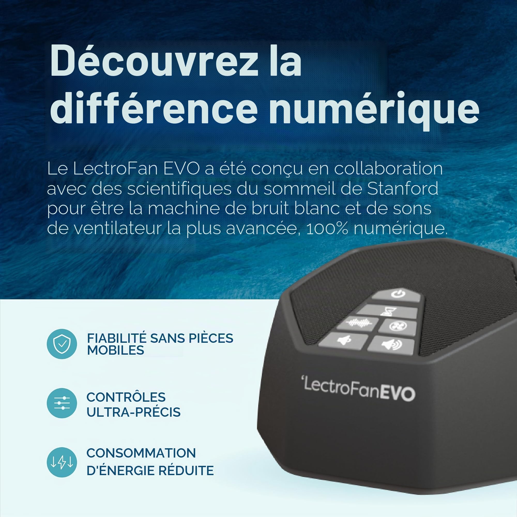 LectroFan Evo ASM1020-KK Machine à Bruit Blanc 22 Sons Uniques Non Bouclés Minuterie Sommeil Noir