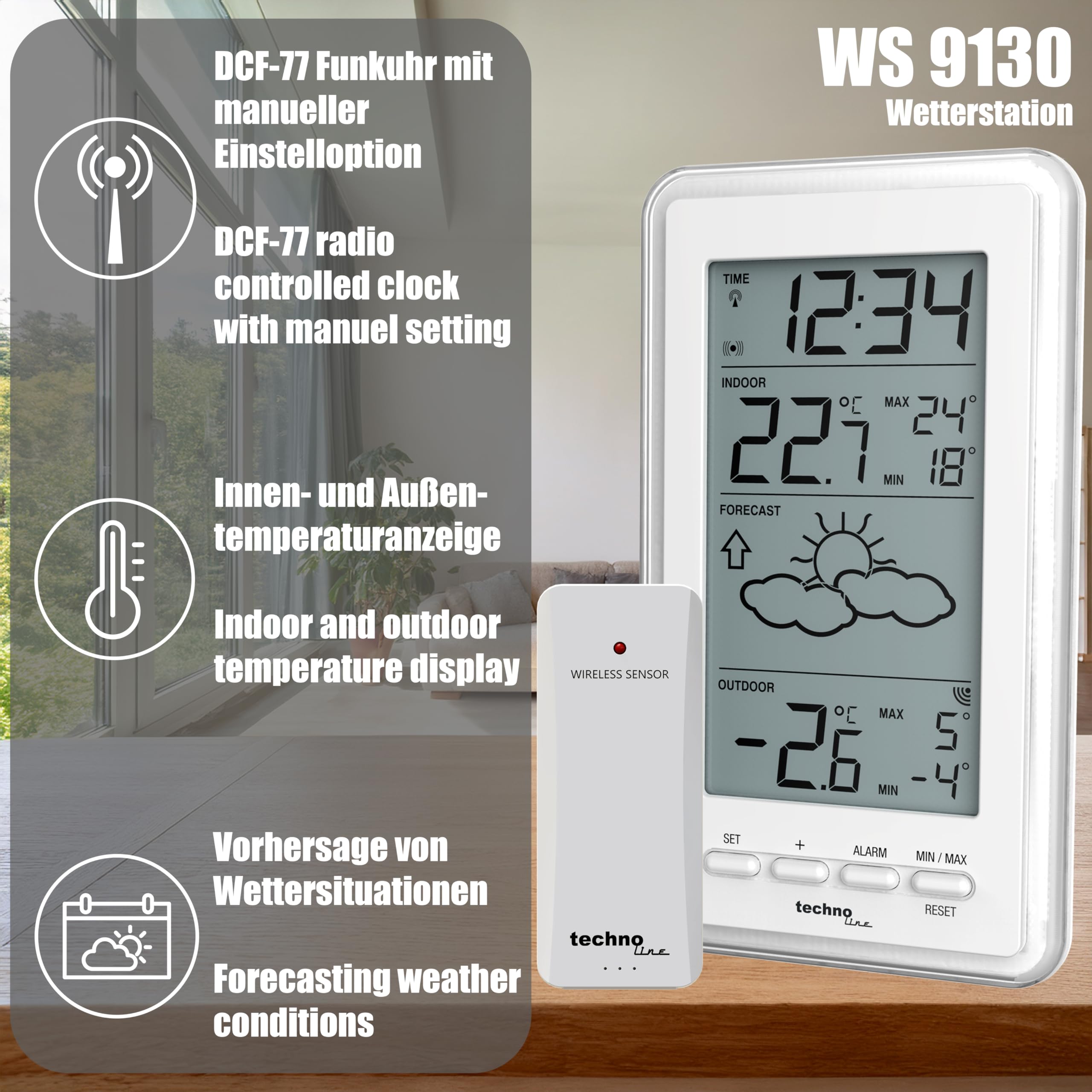 Stacja pogodowa WS9130-IT teraz również w kolorze białym z prognozą pogody oraz temperaturą wewnątrz i na zewnątrz